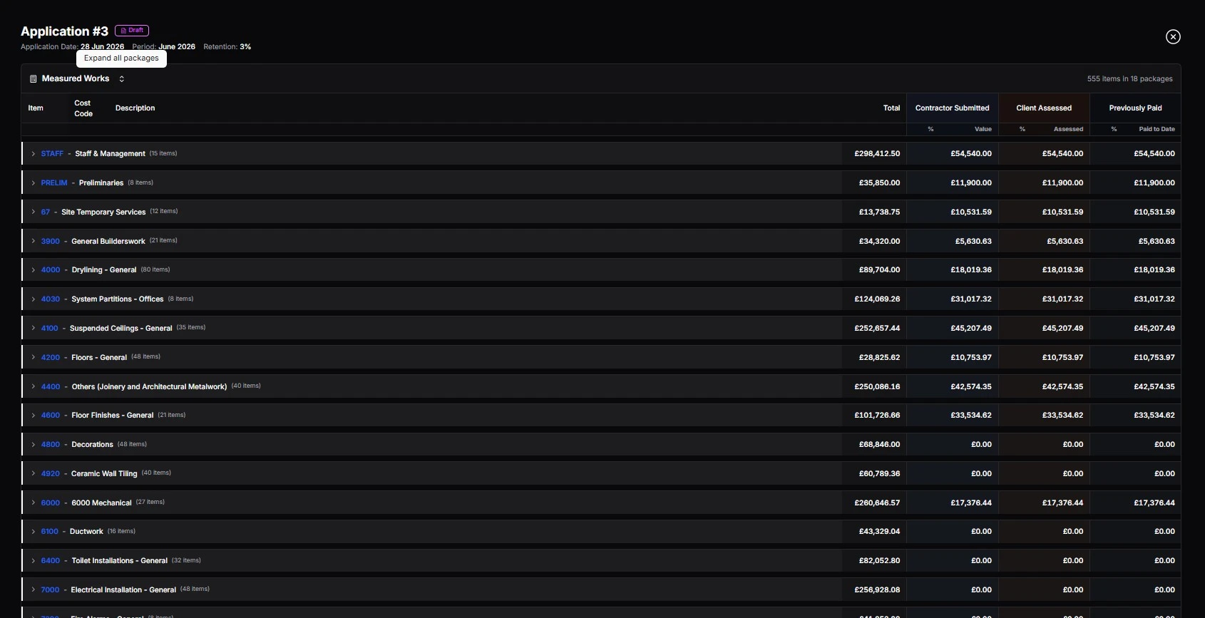 Main contract application sheet with valuation, variations, and Construction Act date tracking