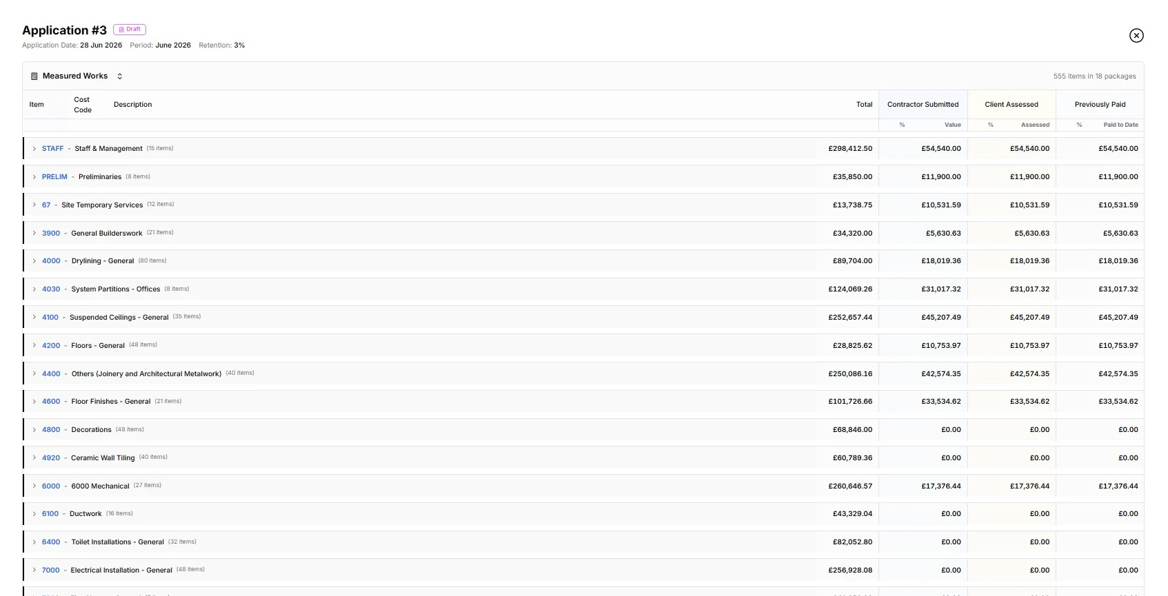 Main contract application sheet with valuation, variations, and Construction Act date tracking