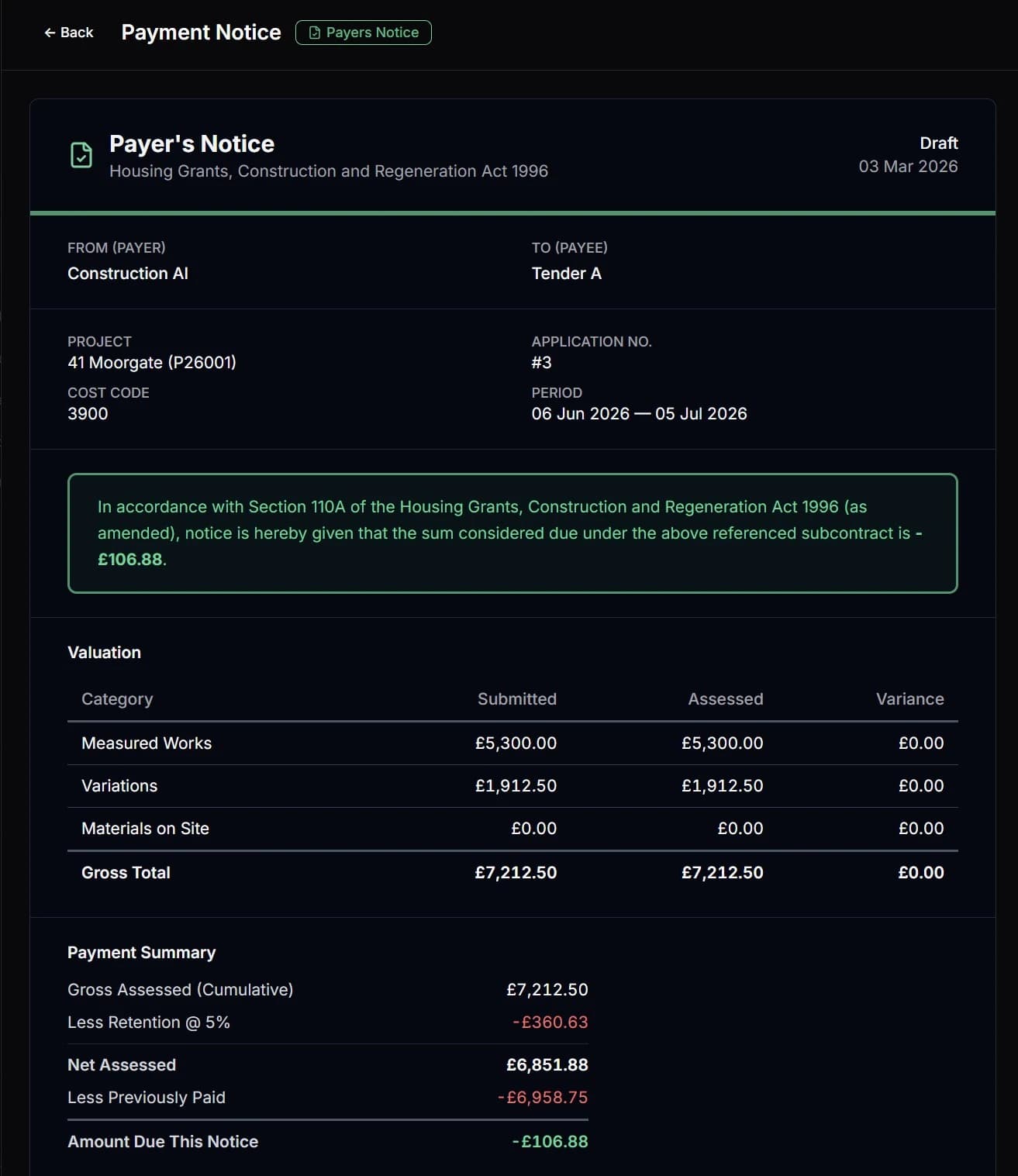Payment notice tracking with Construction Act dates, due dates, and pay less notice deadlines