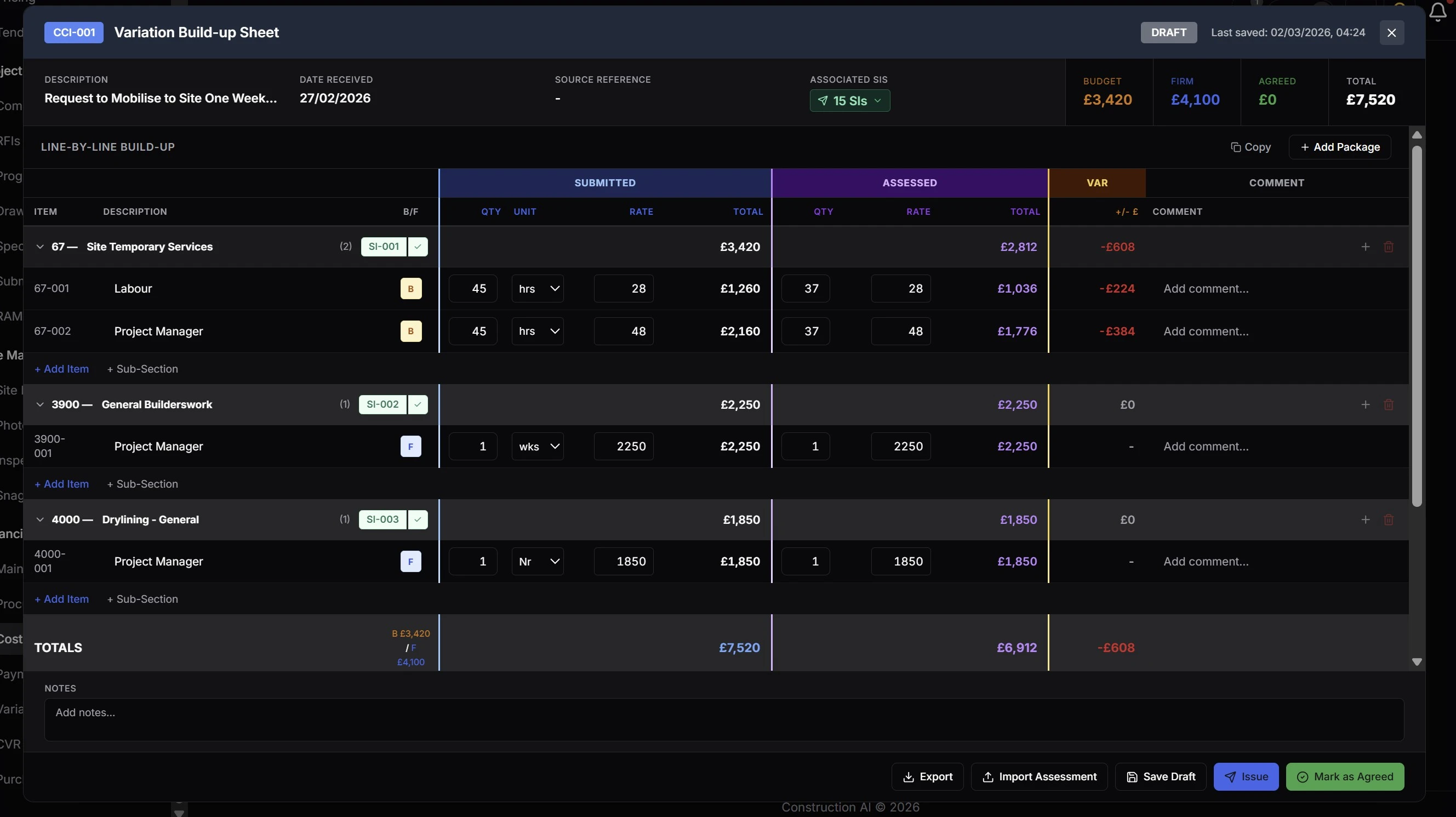 Cost report variation sheet showing upstream pricing linked to subcontractor instructions