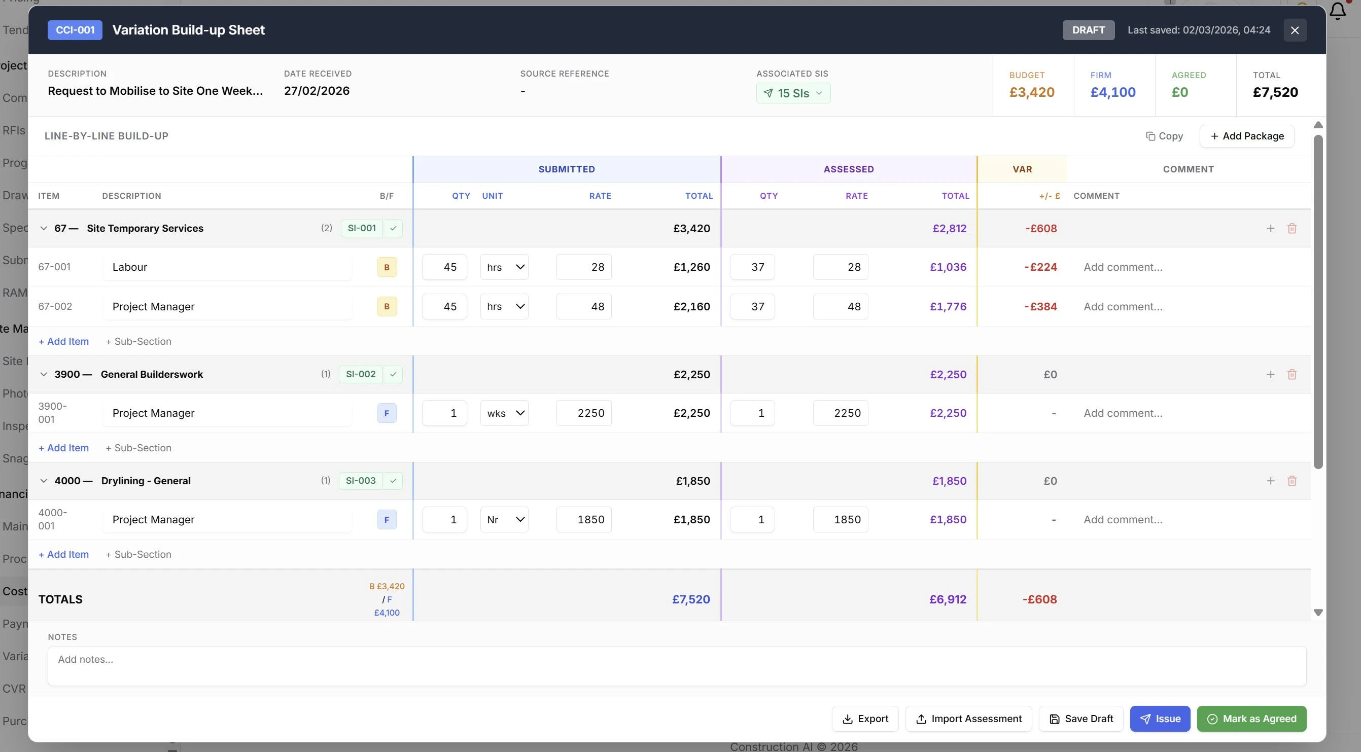 Cost report variation sheet showing upstream pricing linked to subcontractor instructions