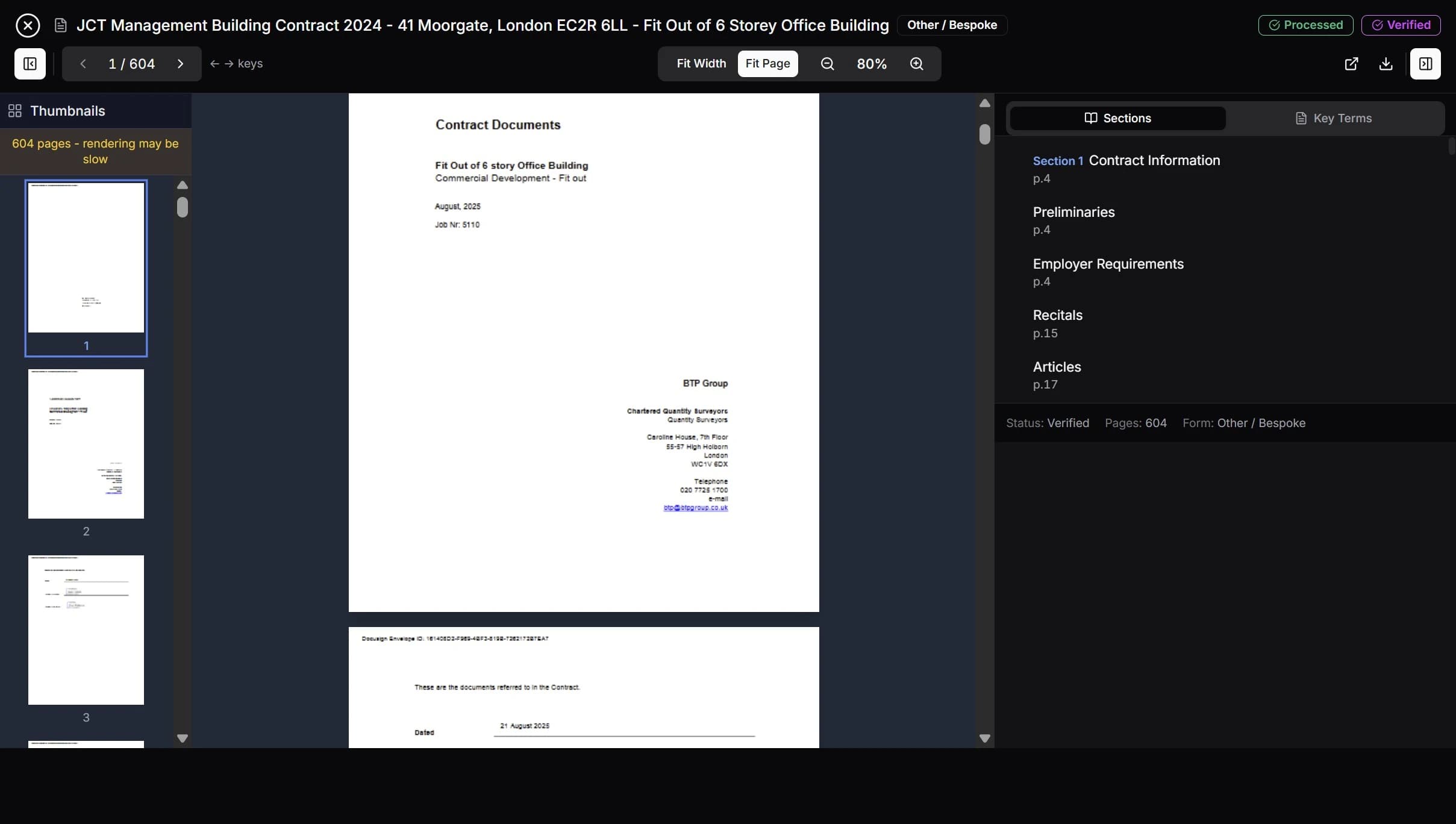 Main contract viewer with OCR-extracted key terms and AI-searchable contract content