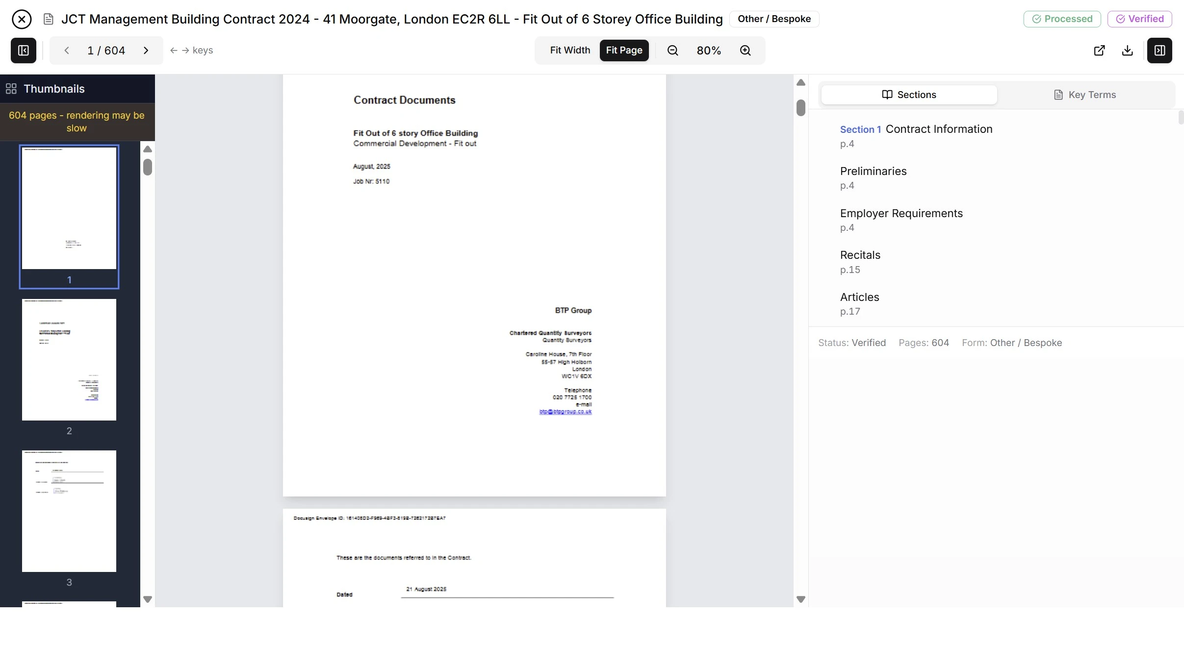 Main contract viewer with OCR-extracted key terms and AI-searchable contract content