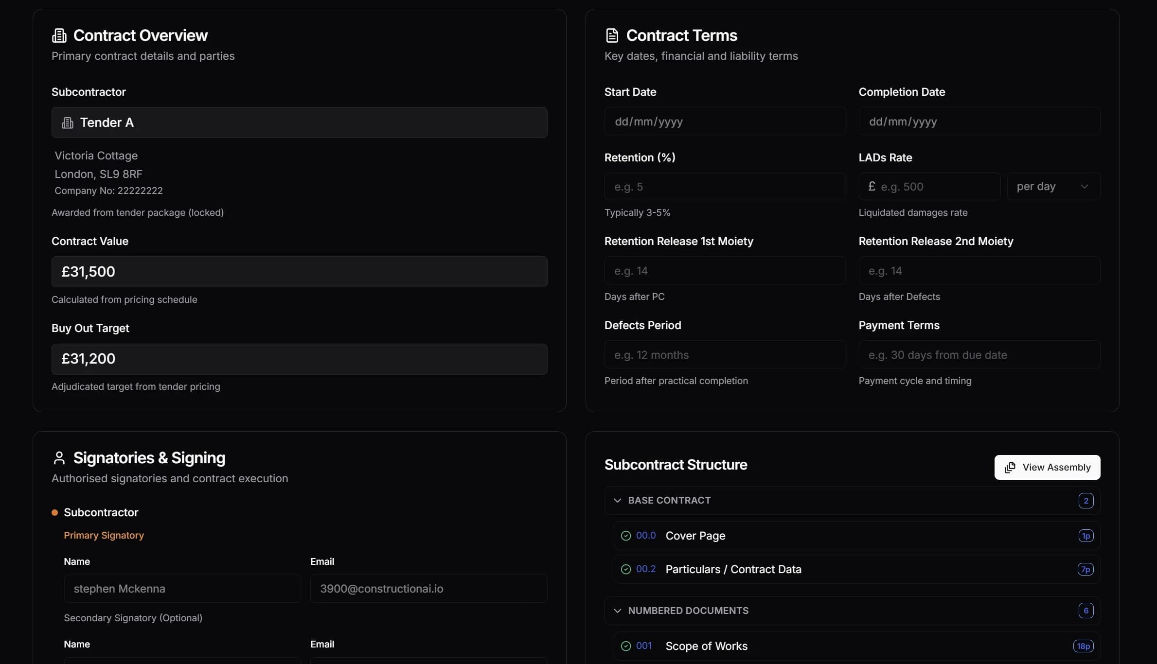 Procurement dashboard showing subcontract packages with buyout targets and award status