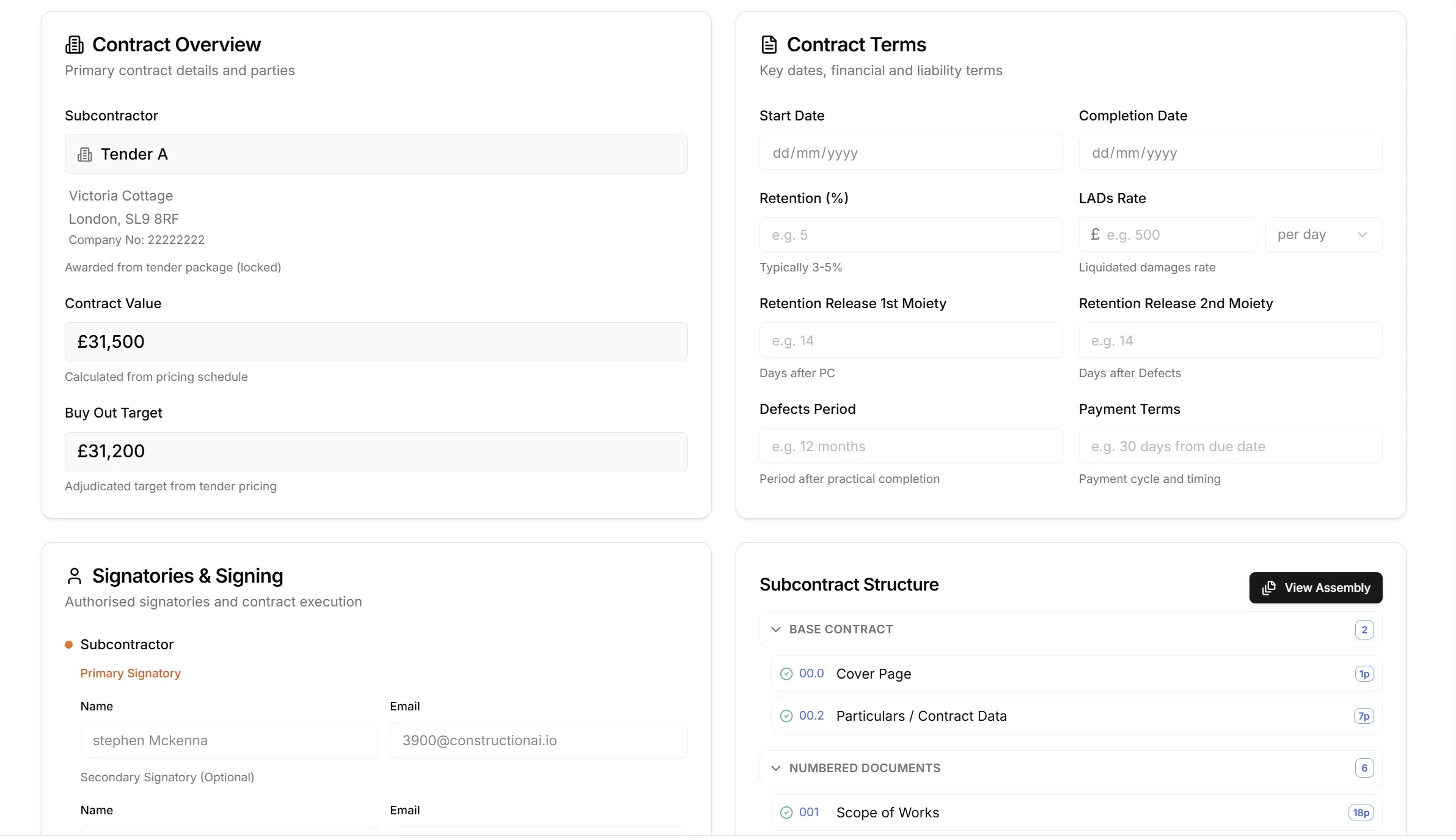 Procurement dashboard showing subcontract packages with buyout targets and award status