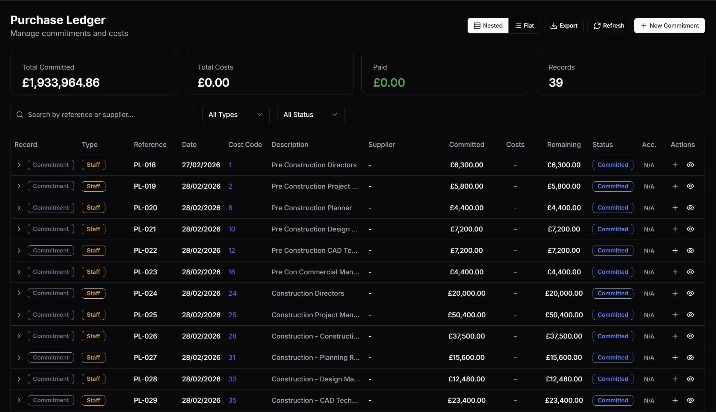 Purchase ledger showing commitments, certified payments, and accounting integration status