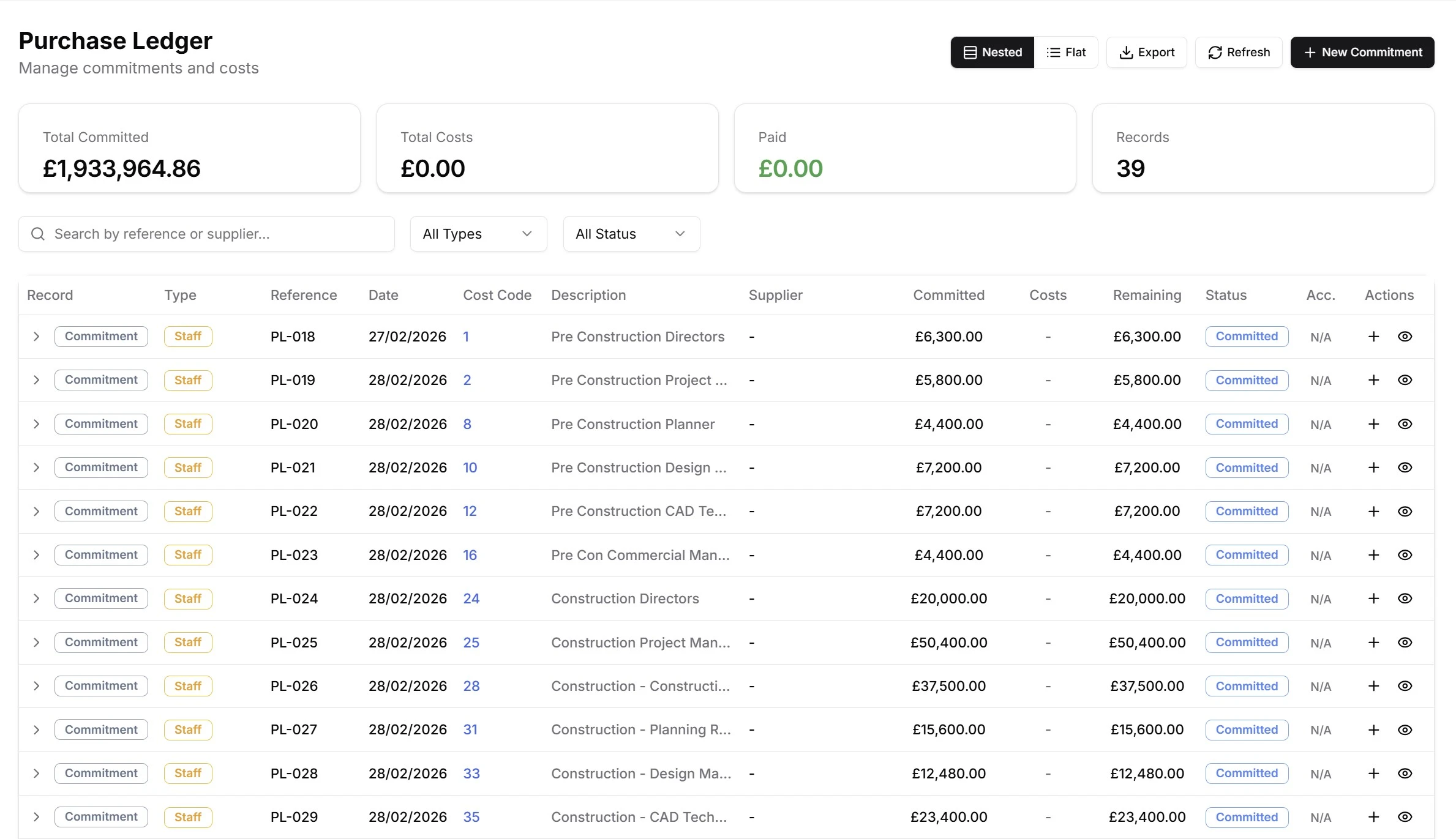 Purchase ledger showing commitments, certified payments, and accounting integration status