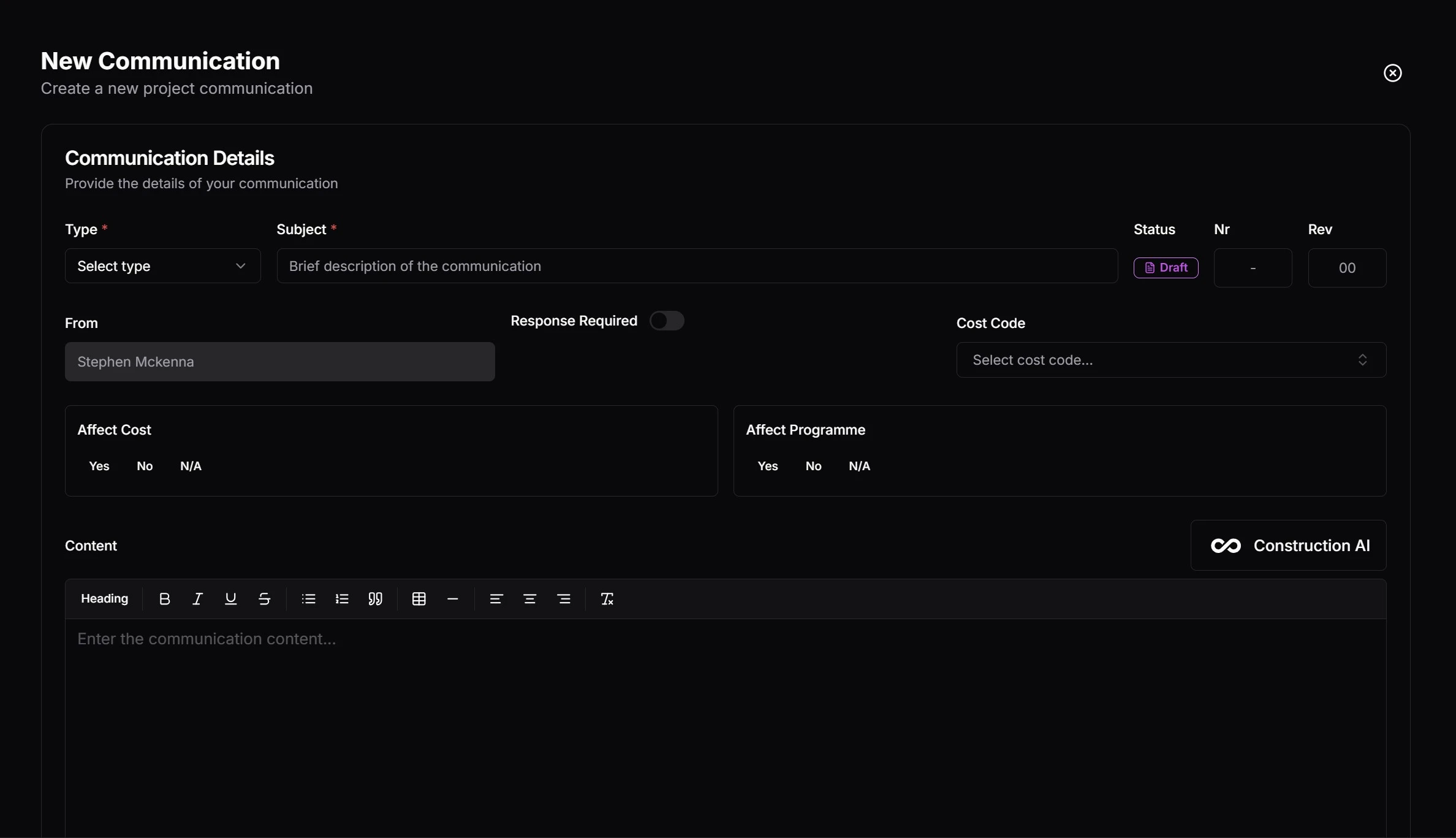 New project communication form with AI-assisted dictation and document attachment
