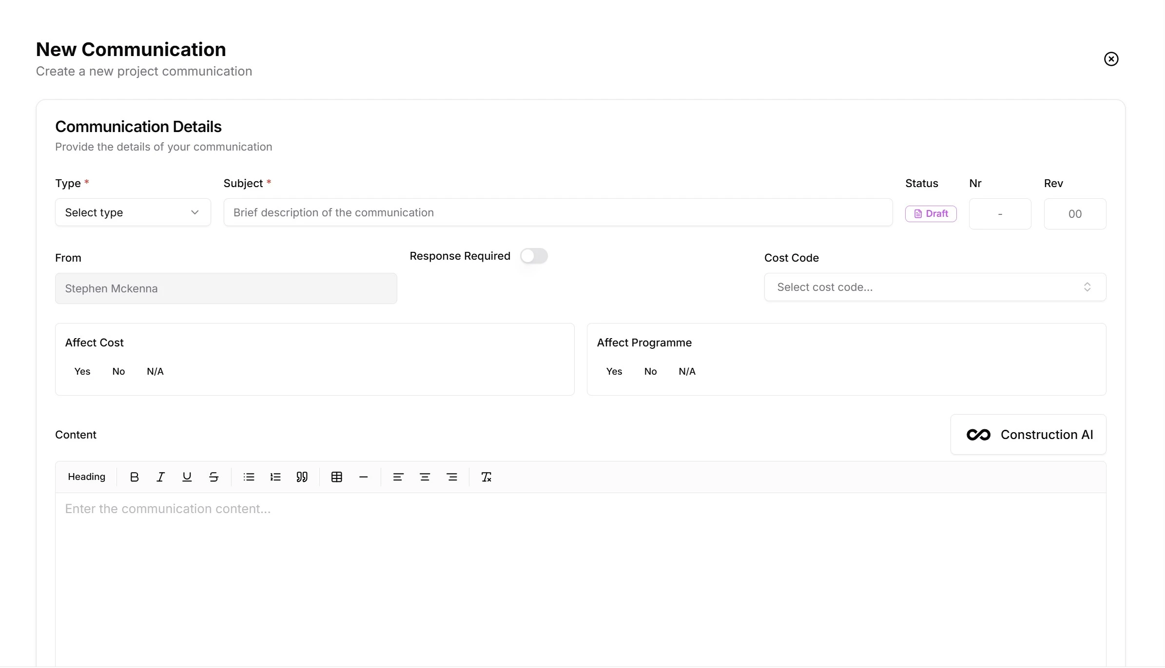 New project communication form with AI-assisted dictation and document attachment