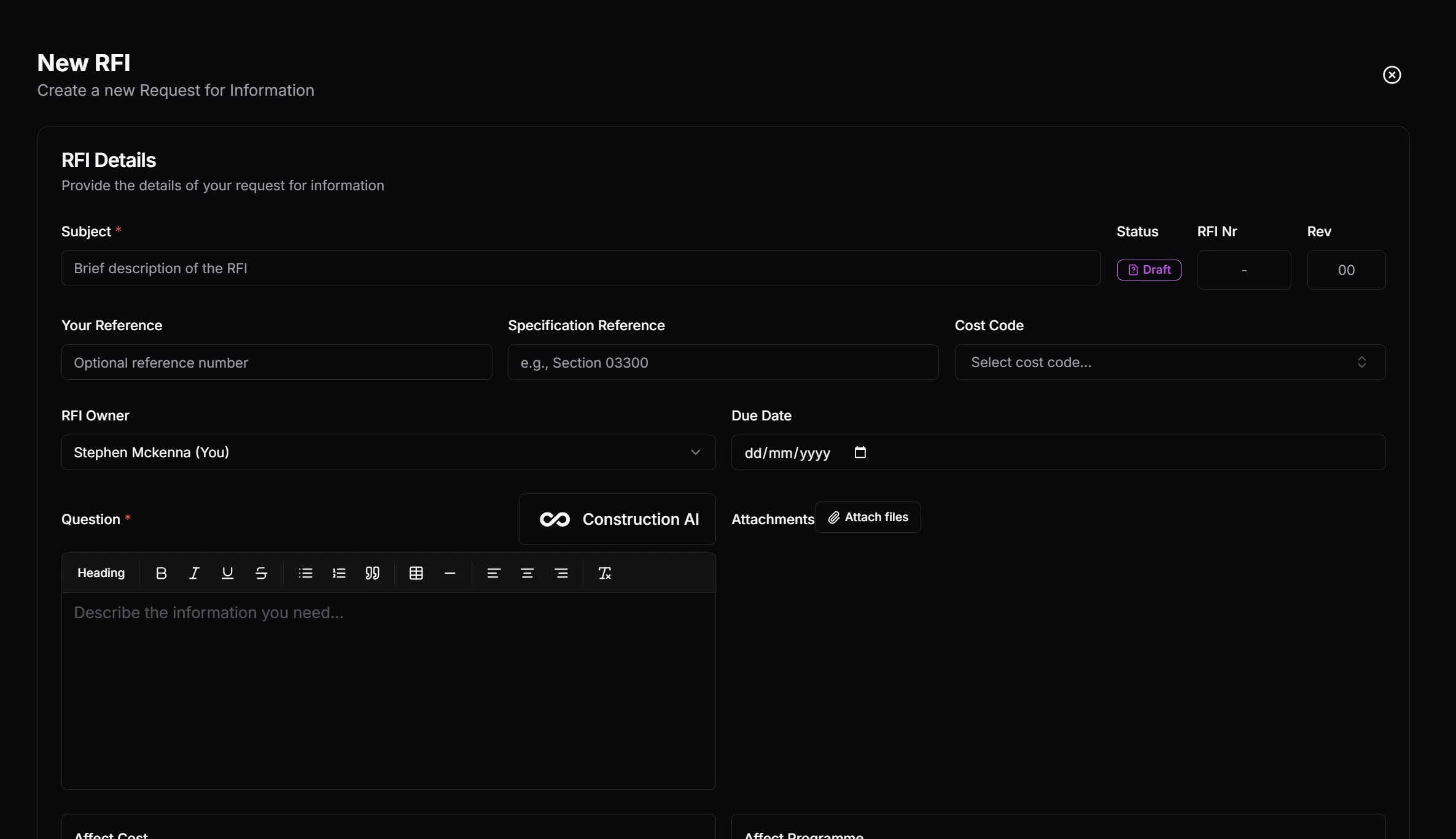 New RFI form with AI-assisted dictation, drawing attachment, and automatic numbering