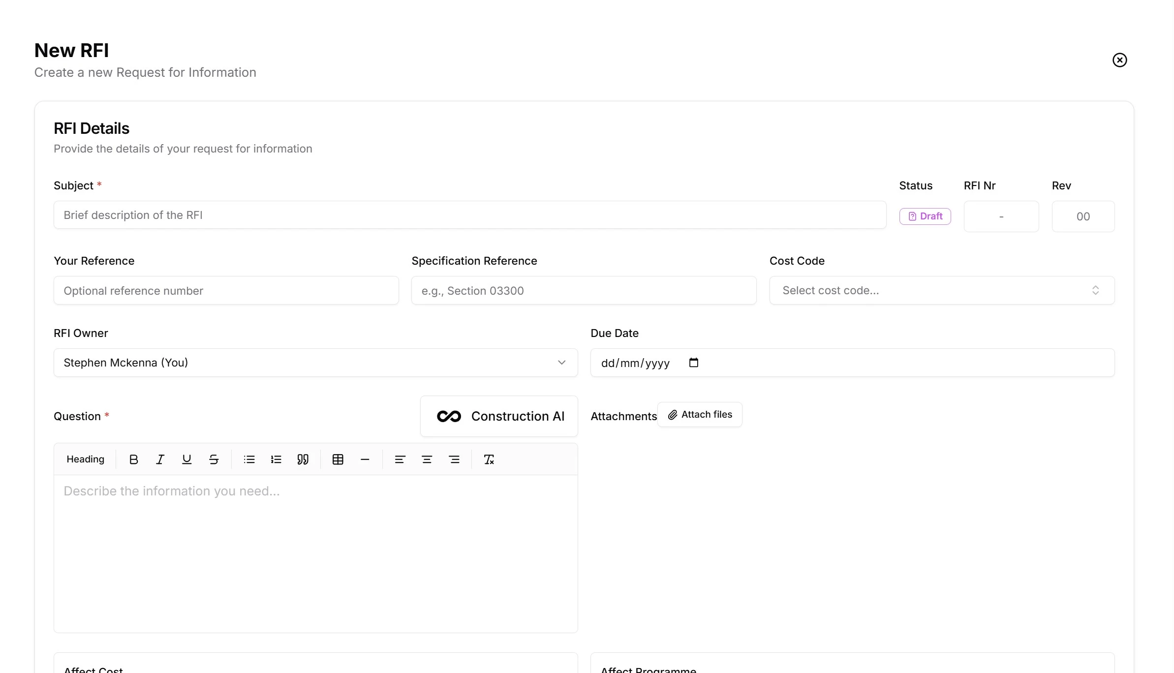 New RFI form with AI-assisted dictation, drawing attachment, and automatic numbering