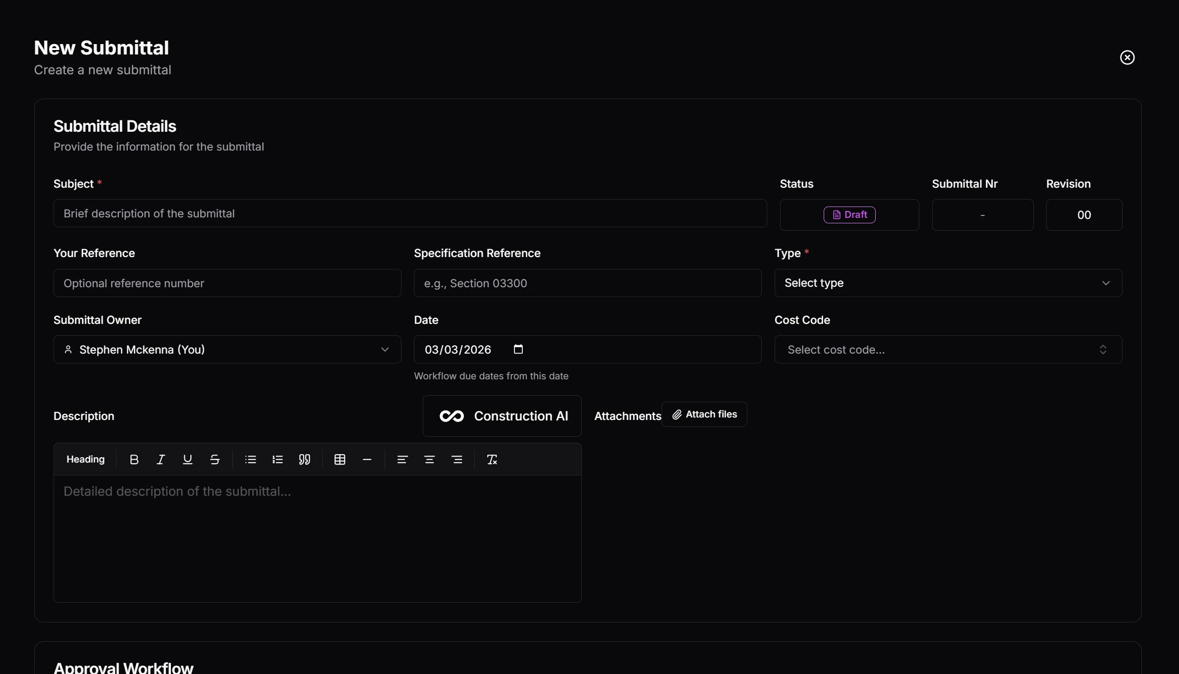 New submittal form with approval workflow, reviewer assignment, and AI-assisted description