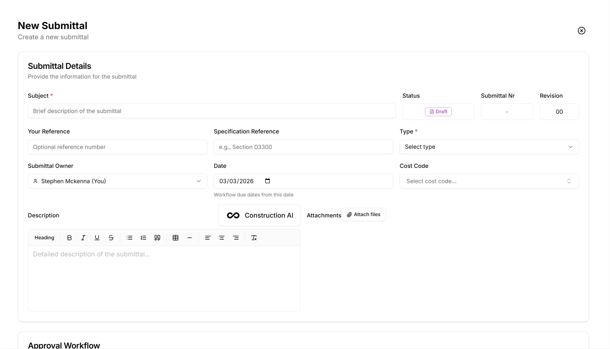 New submittal form with approval workflow, reviewer assignment, and AI-assisted description