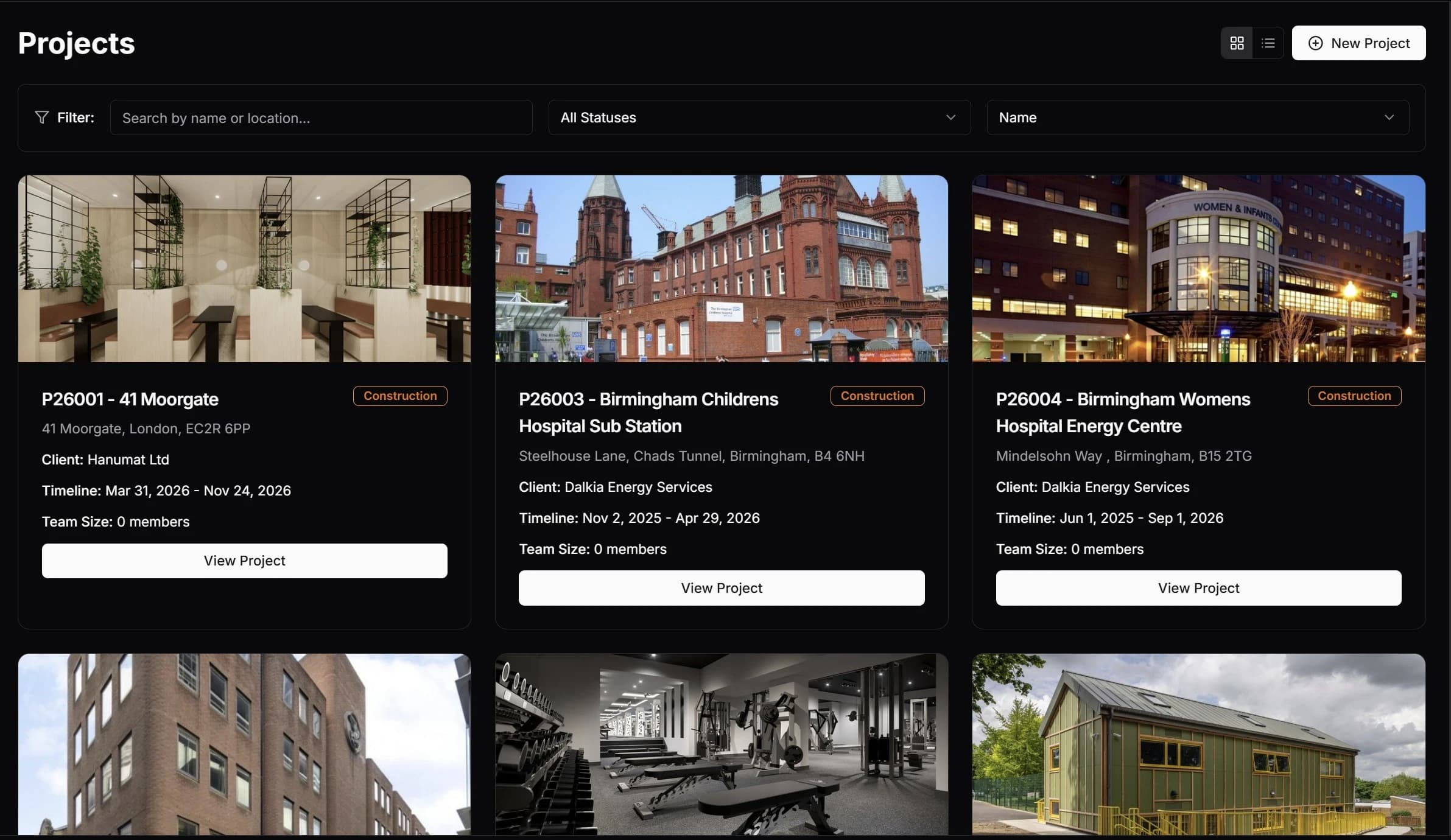 Projects dashboard with active projects, team members, and module navigation