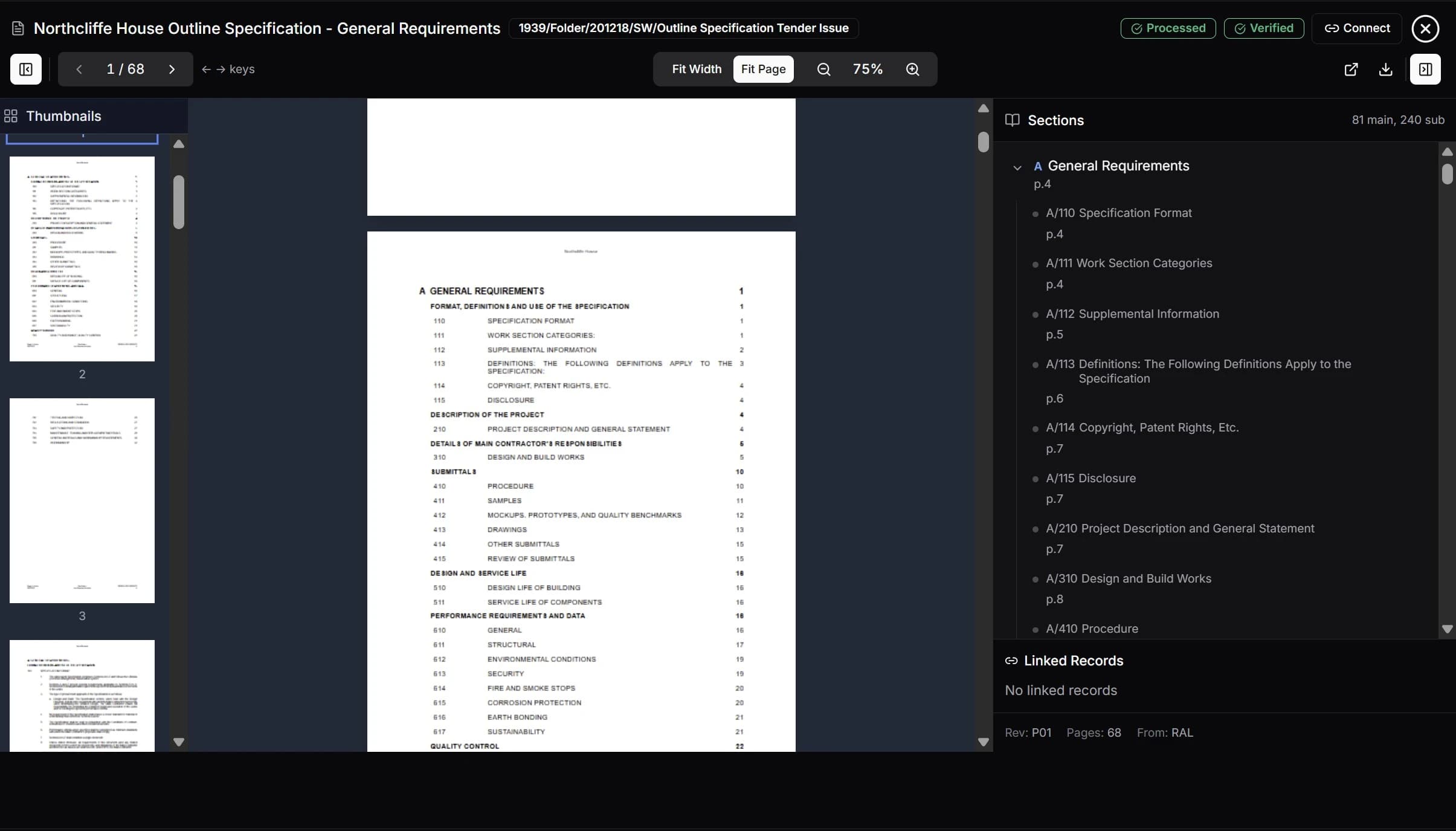 Specification document viewer with OCR section identification and AI-powered semantic search