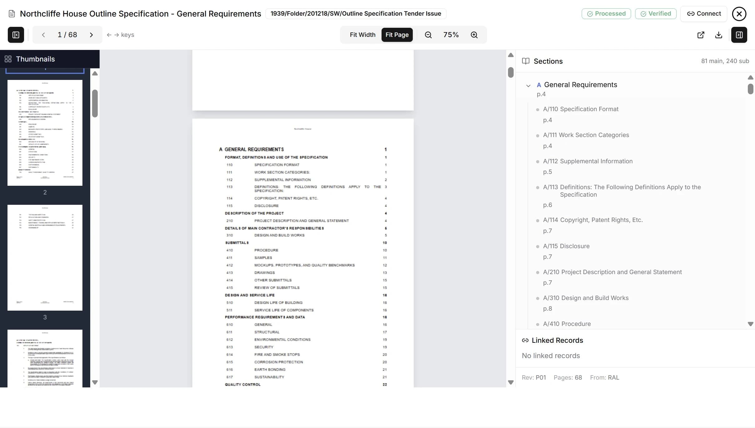Specification document viewer with OCR section identification and AI-powered semantic search