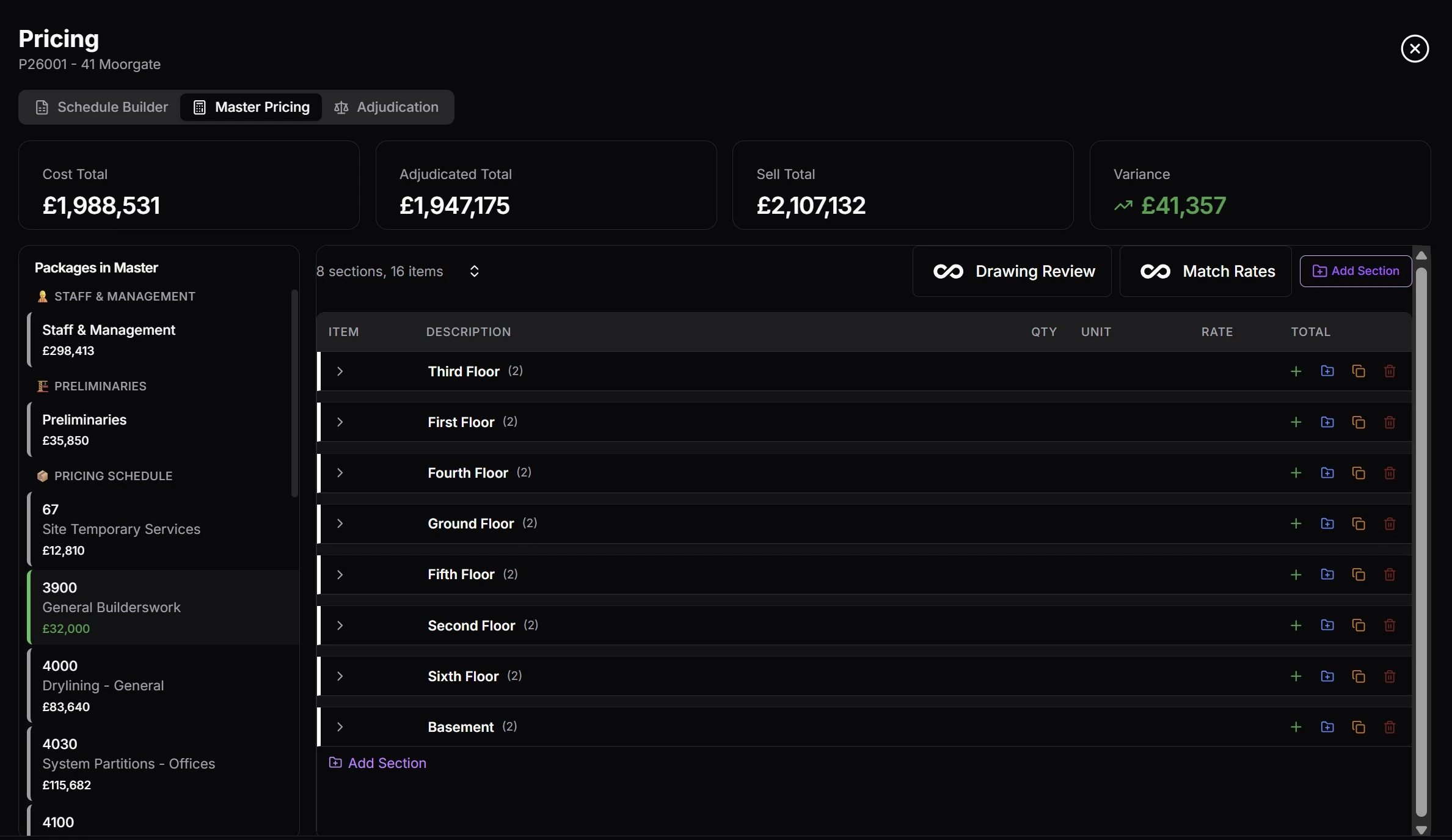 Master pricing view showing all tender items consolidated from sub-contractor returns and self-priced schedules
