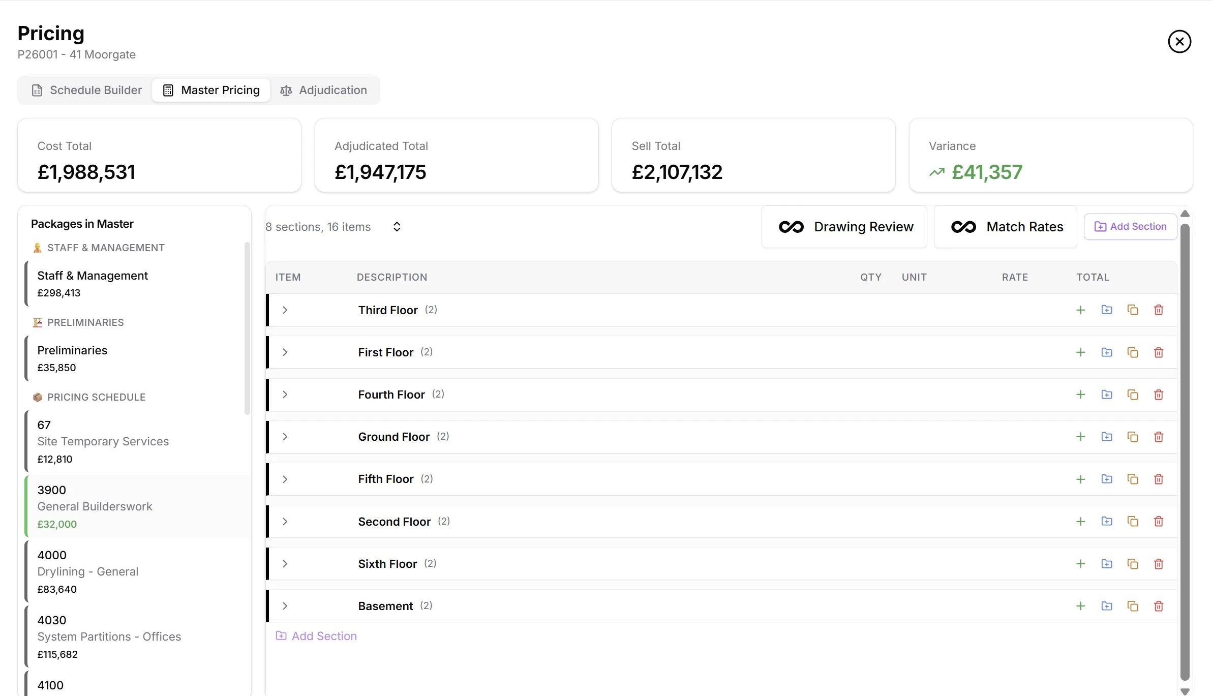 Master pricing view showing all tender items consolidated from sub-contractor returns and self-priced schedules