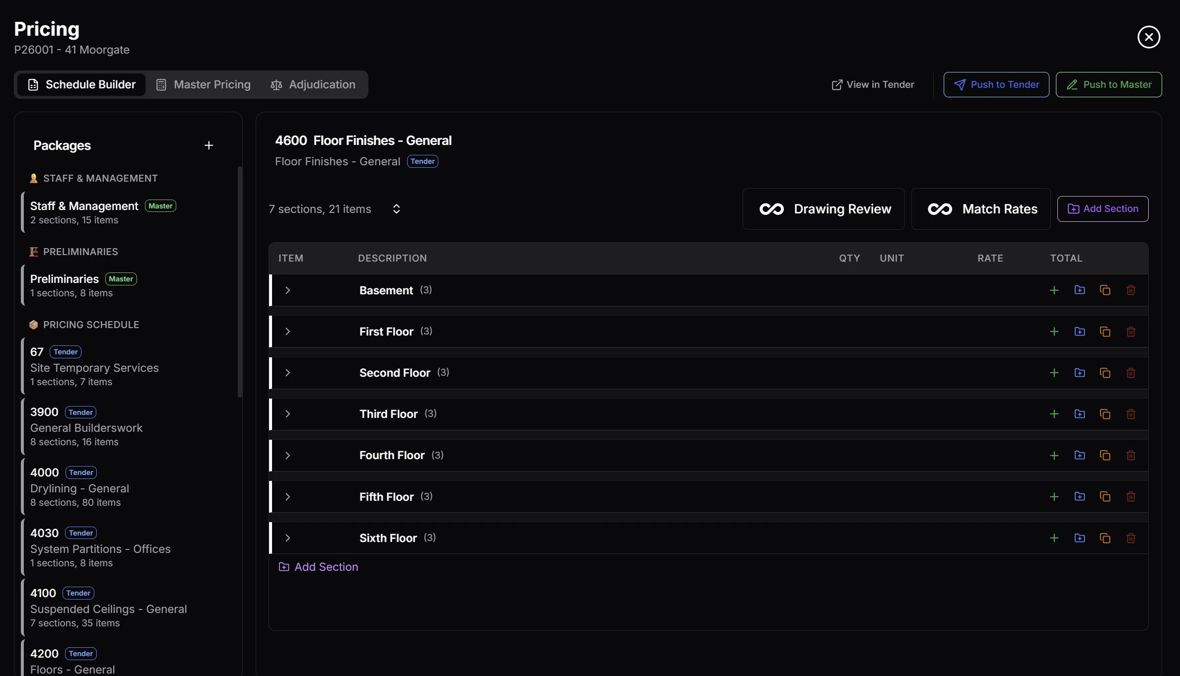Tender pricing schedule builder with spreadsheet-style interface for building rate schedules