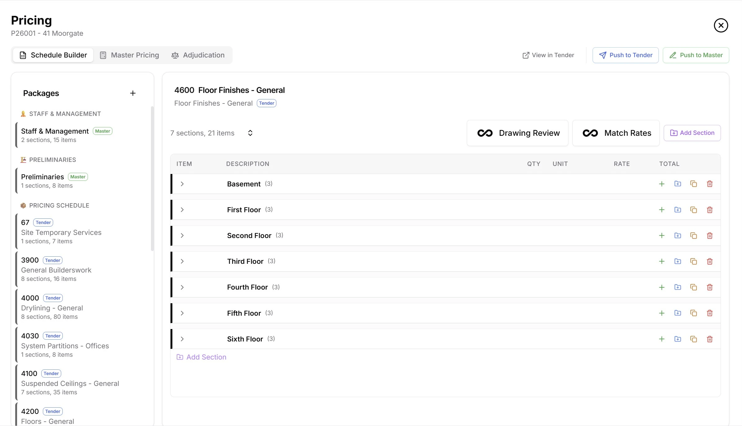 Tender pricing schedule builder with spreadsheet-style interface for building rate schedules