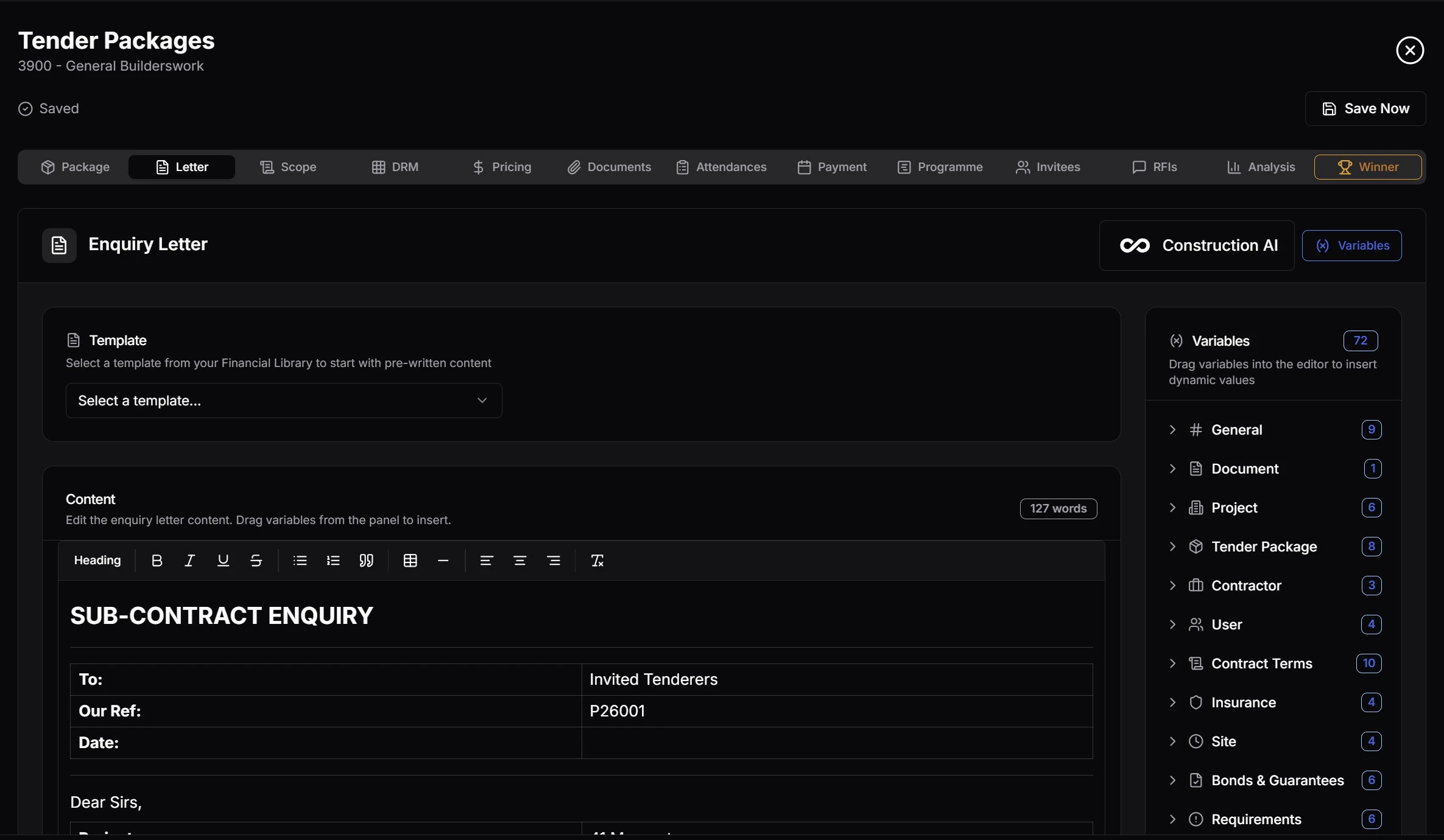 Tender enquiry letter with auto-populated project details and AI-assisted drafting