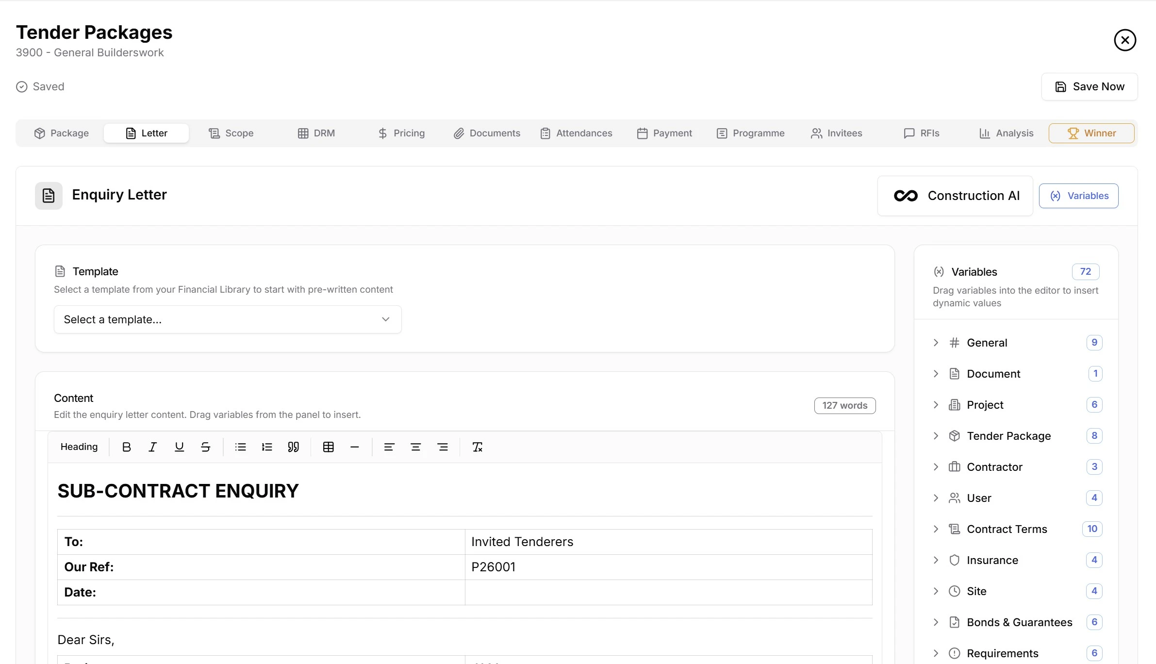 Tender enquiry letter with auto-populated project details and AI-assisted drafting