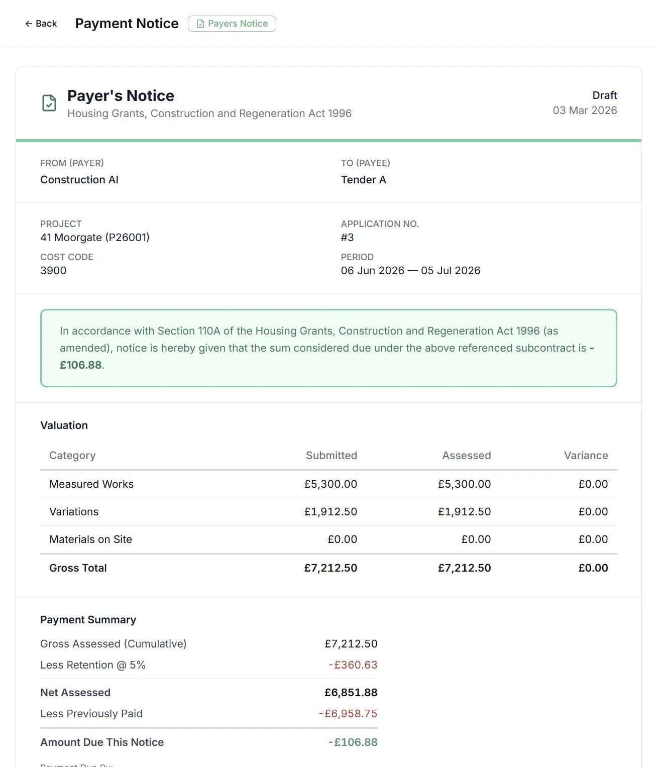 Payment notice tracking with Construction Act dates, due dates, and pay less notice deadlines