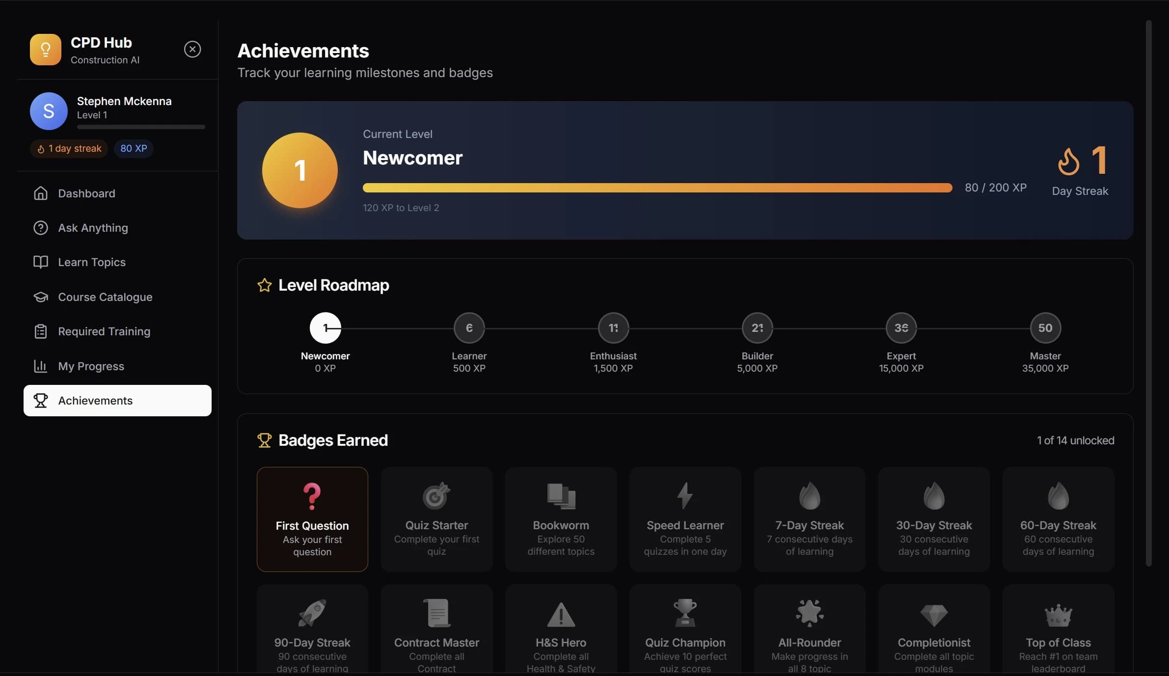 CPD Hub achievements and badges showing learning milestones and XP progress