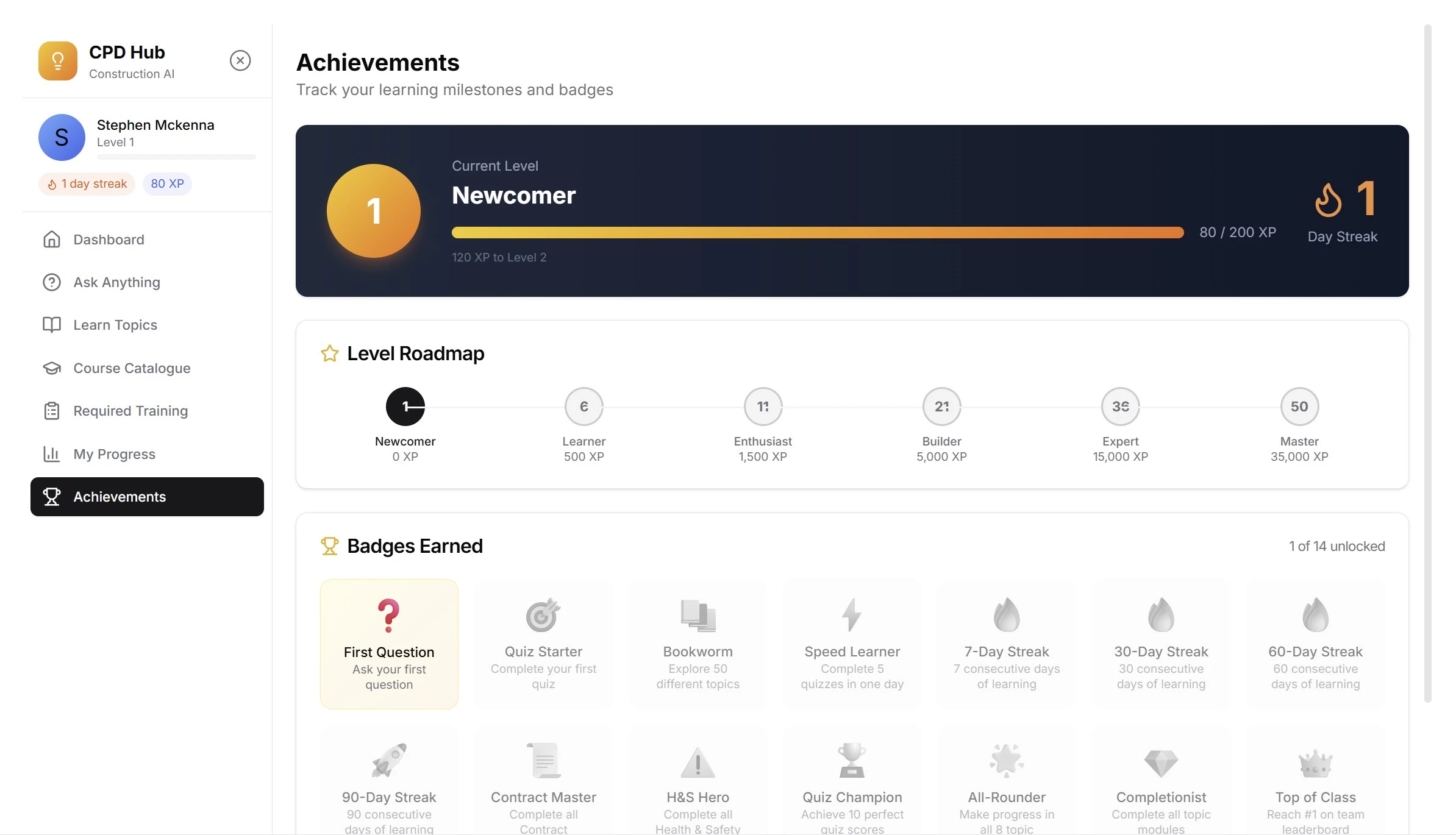 CPD Hub achievements and badges showing learning milestones and XP progress