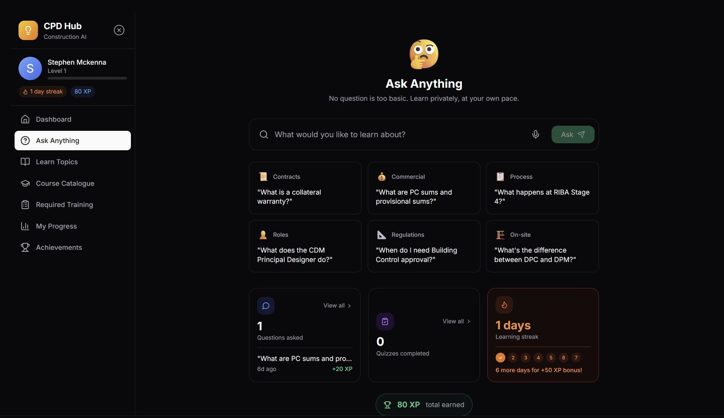 CPD Hub AI learning assistant - private, judgement-free space for construction questions
