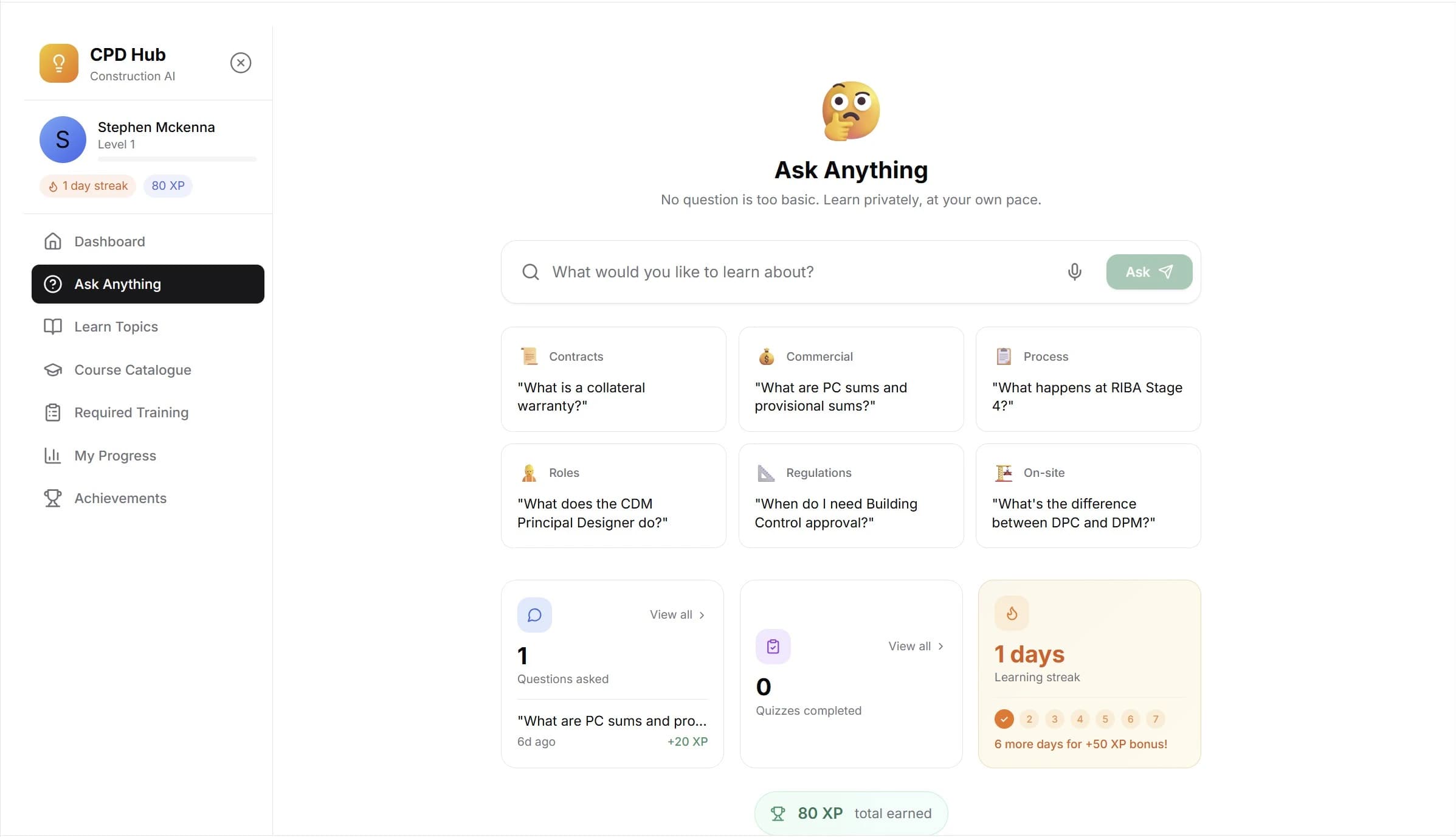 CPD Hub AI learning assistant - private, judgement-free space for construction questions
