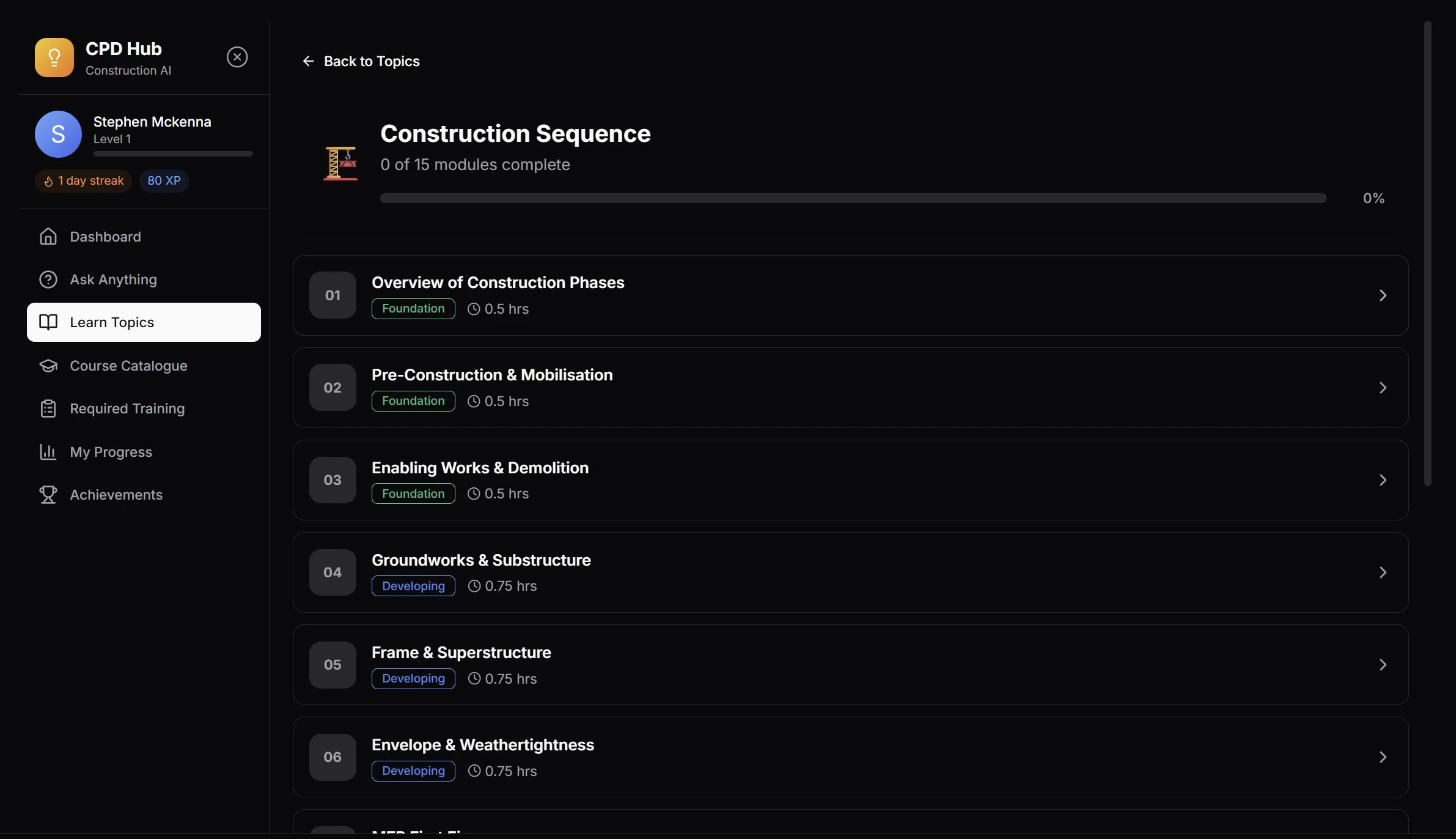 CPD Hub learning module with interactive content, progress tracking, and quizzes