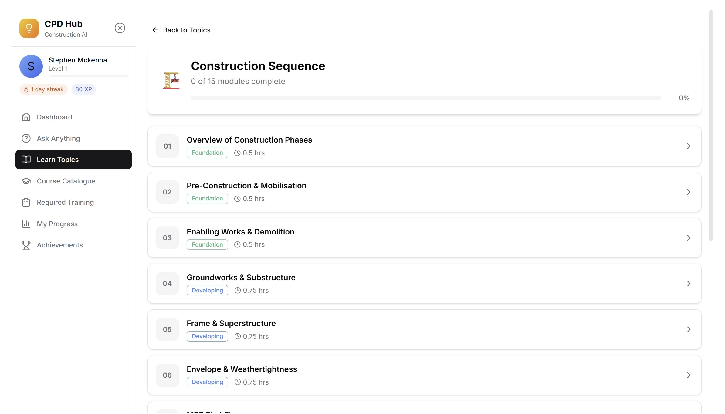 CPD Hub learning module with interactive content, progress tracking, and quizzes