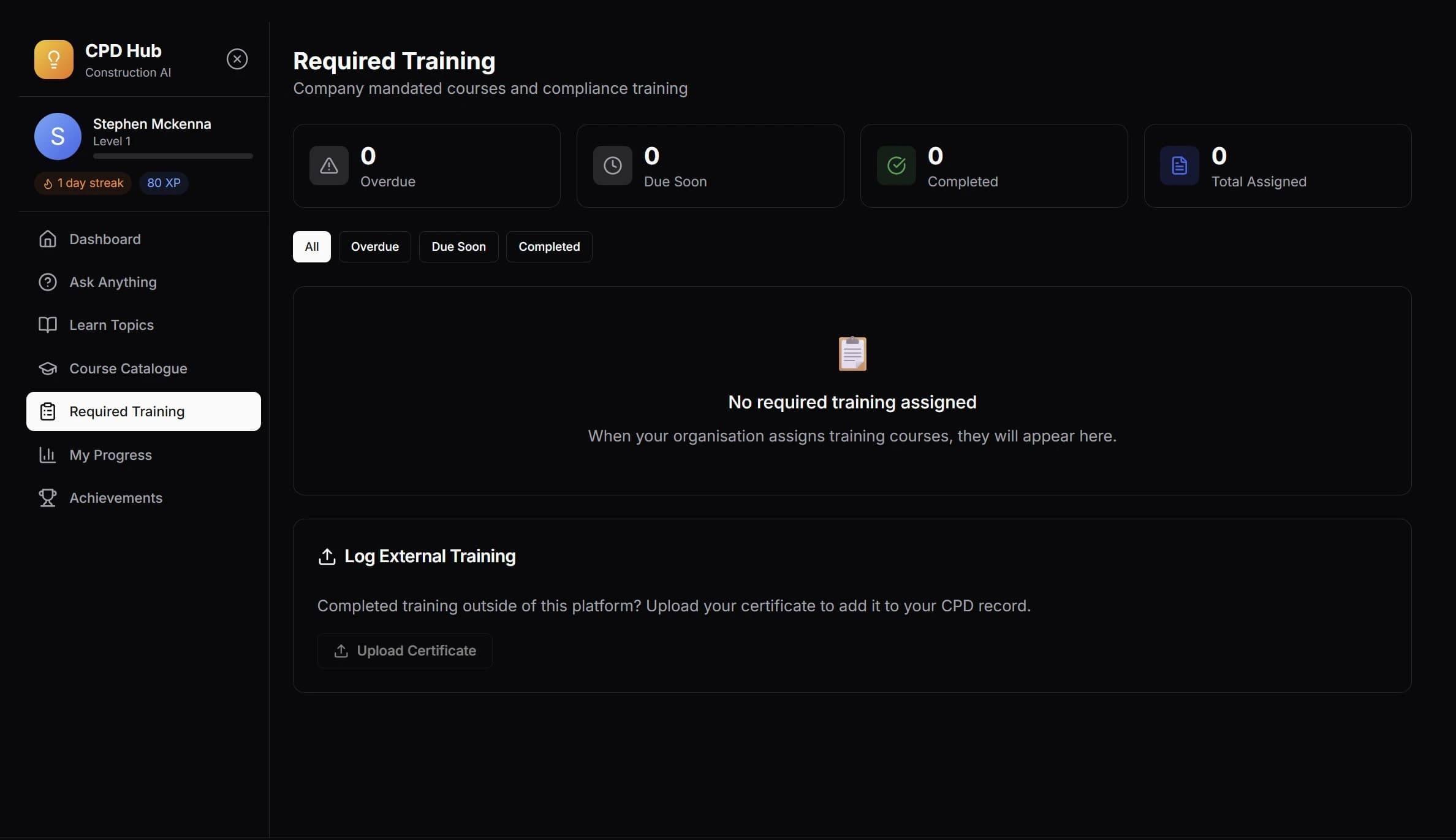 iHasco training integration showing workforce compliance status, assigned courses, and completion tracking