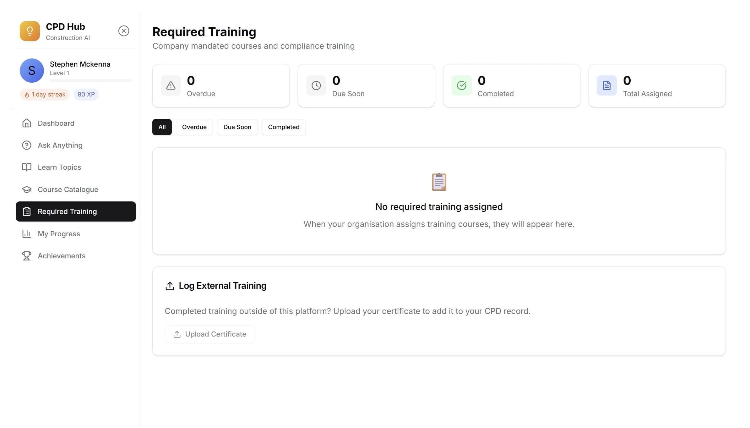 iHasco training integration showing workforce compliance status, assigned courses, and completion tracking