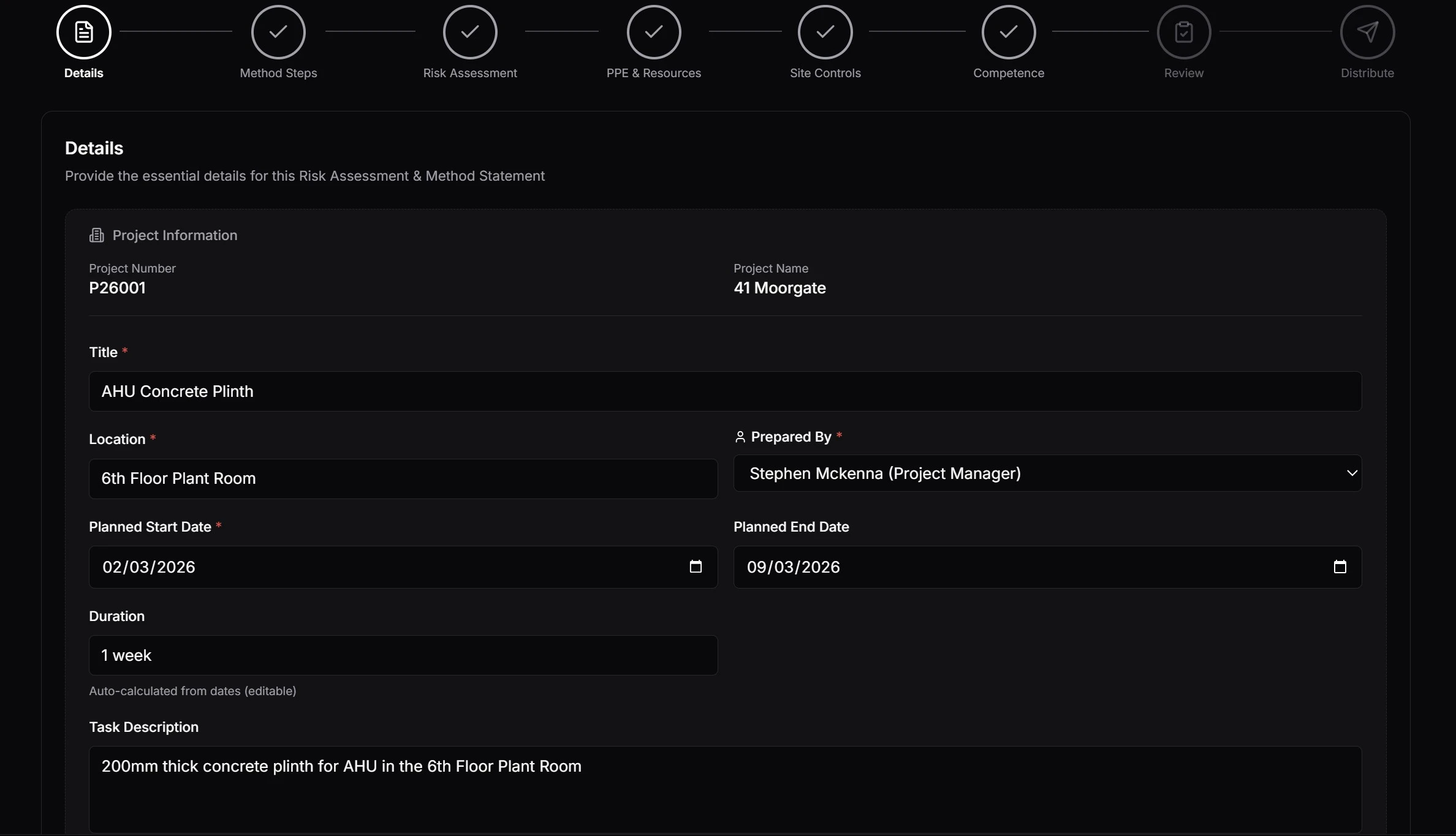 RAMS details step showing project, activity, location and date entry fields