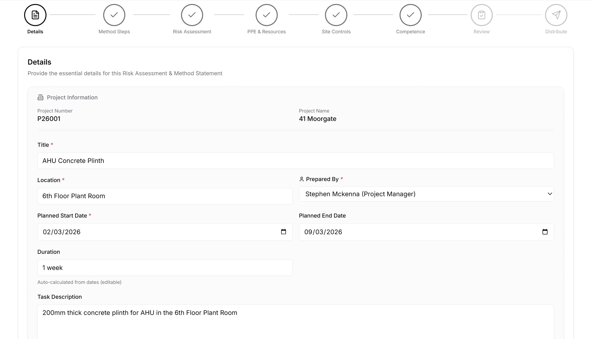 RAMS details step showing project, activity, location and date entry fields