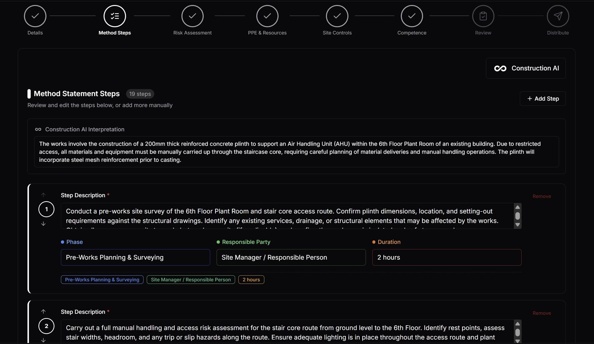 RAMS method statement step showing AI-generated structured method steps from plain language input
