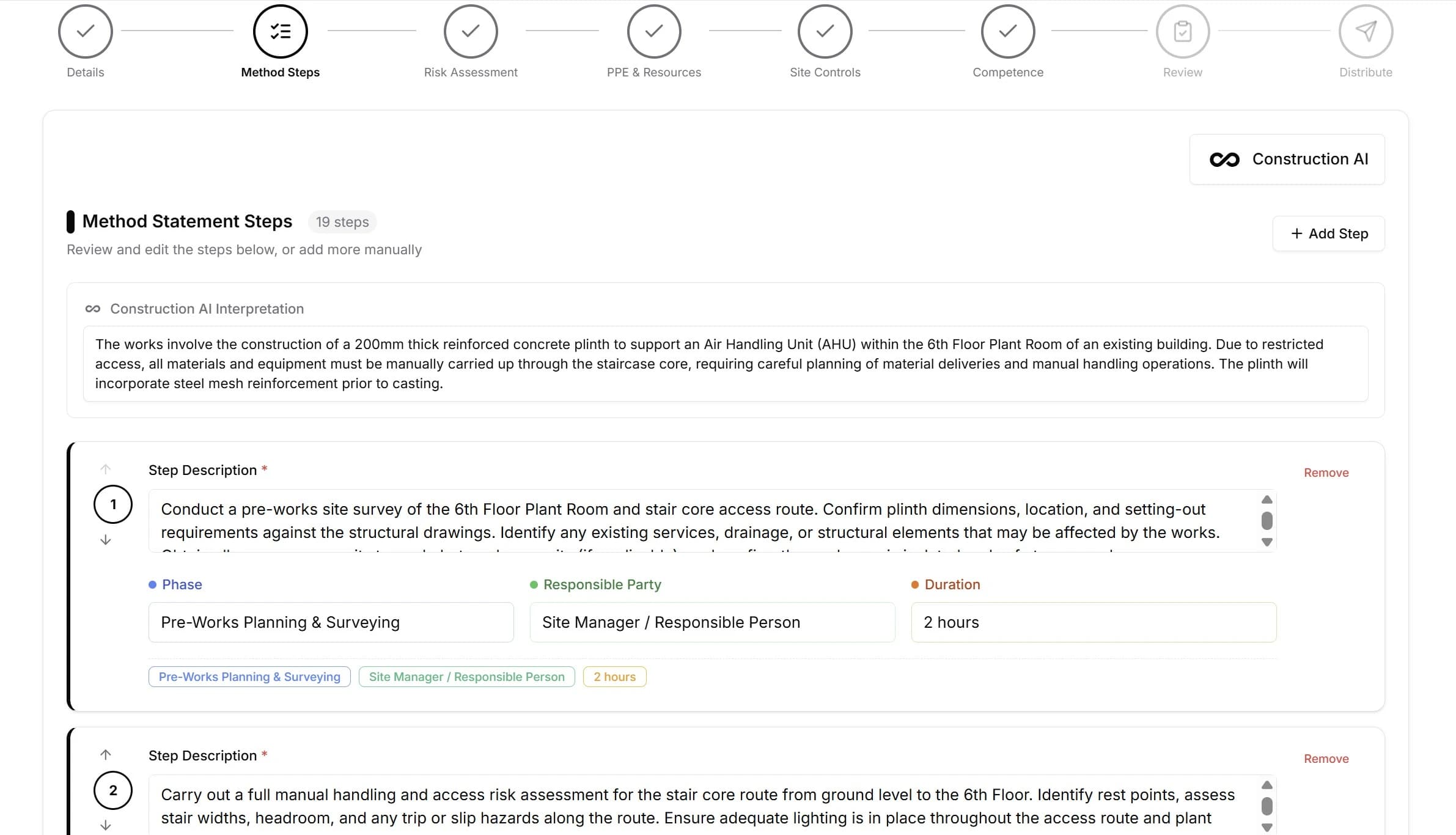 RAMS method statement step showing AI-generated structured method steps from plain language input