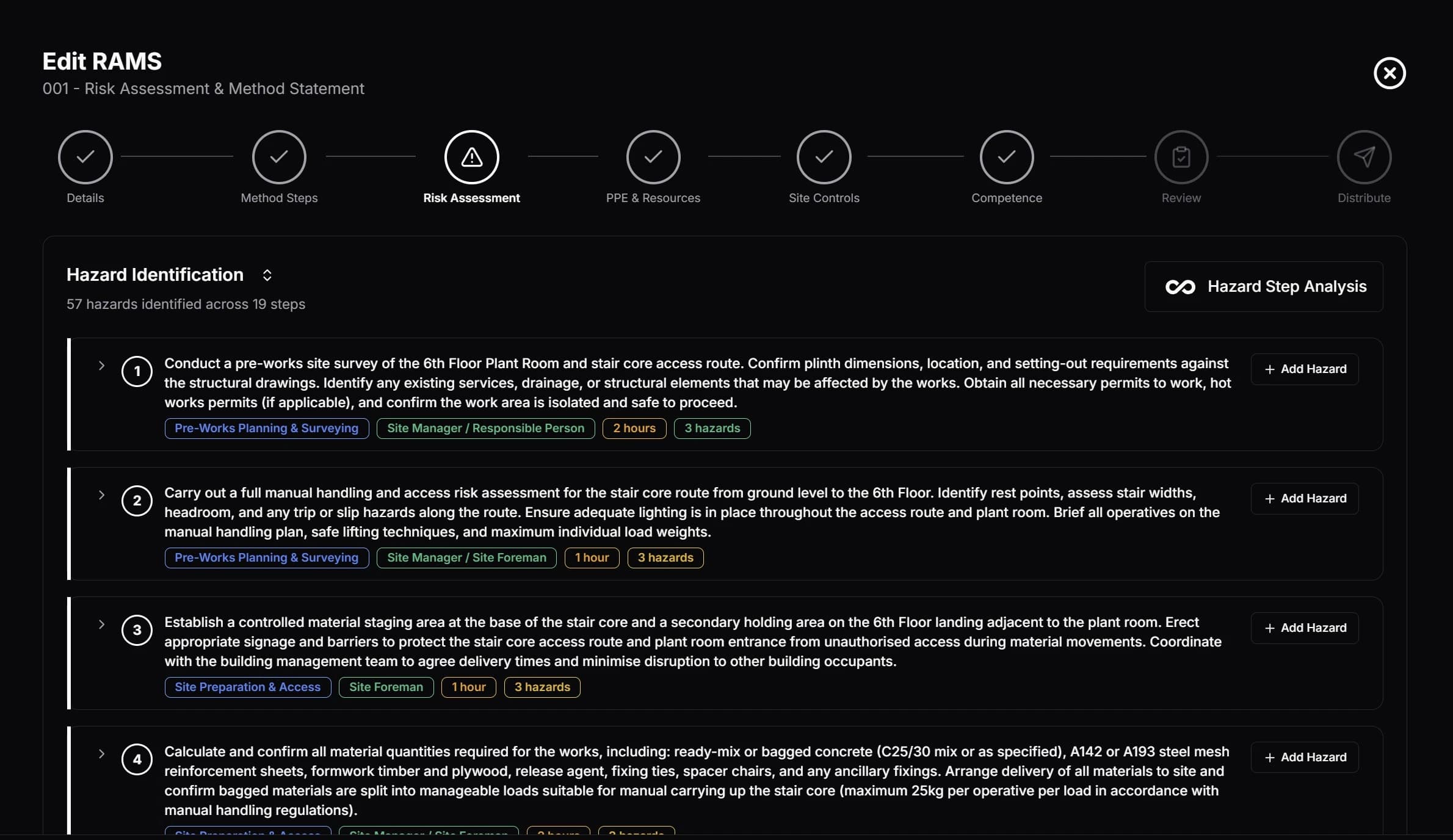 RAMS hazard identification showing AI-generated risk assessments linked to specific method steps