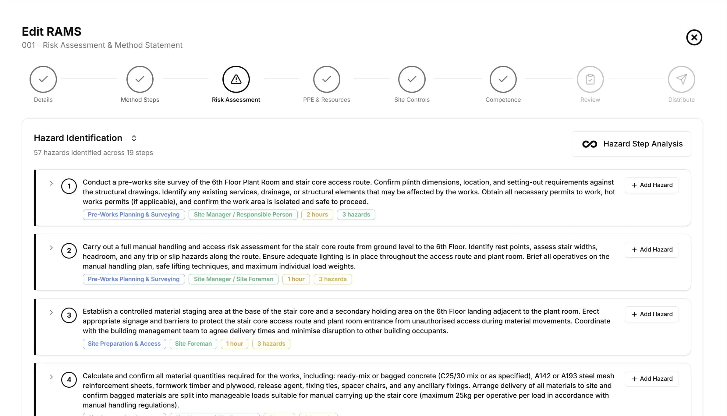 RAMS hazard identification showing AI-generated risk assessments linked to specific method steps