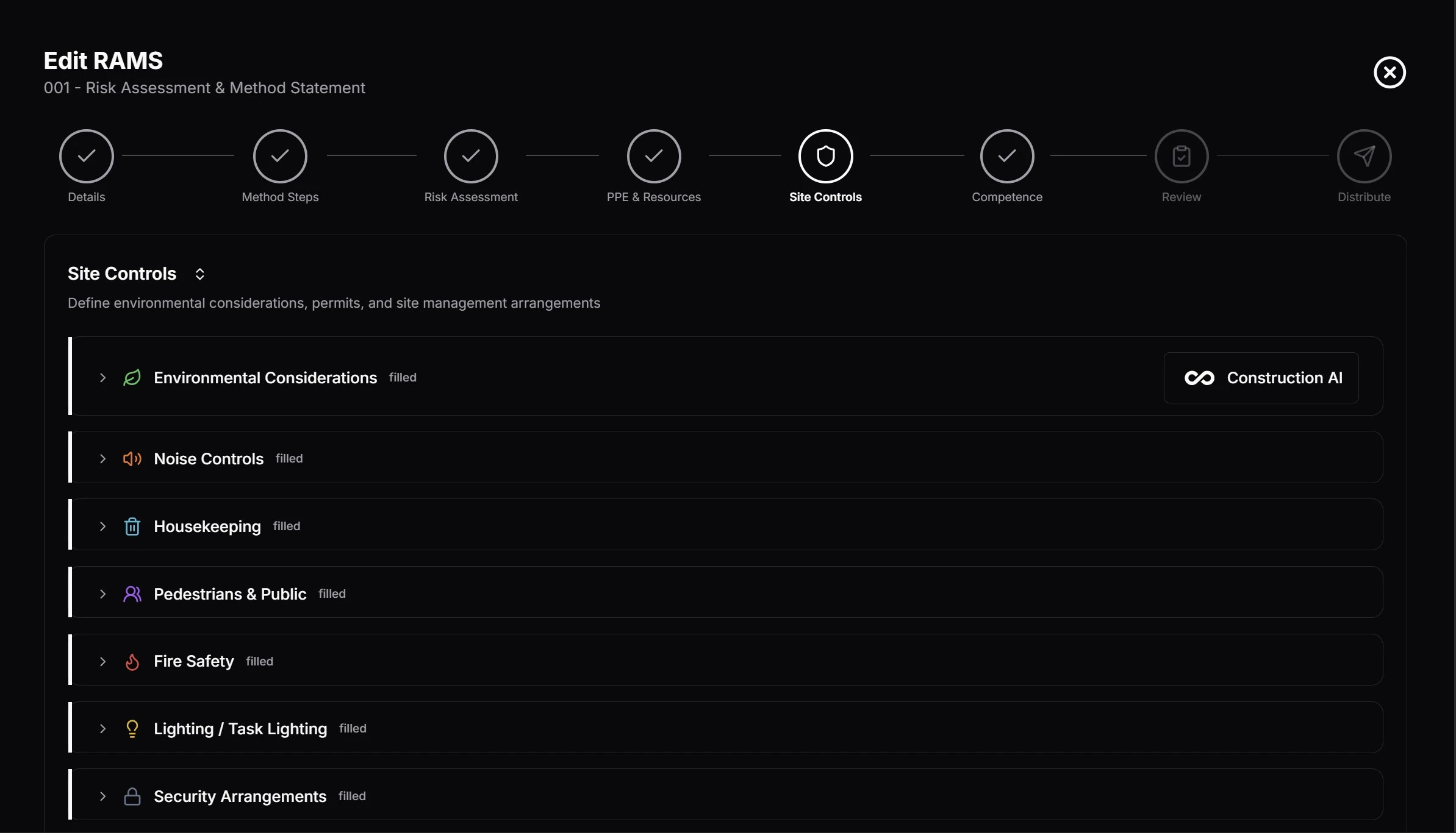 RAMS site controls step showing AI-generated environmental, fire safety, and security requirements