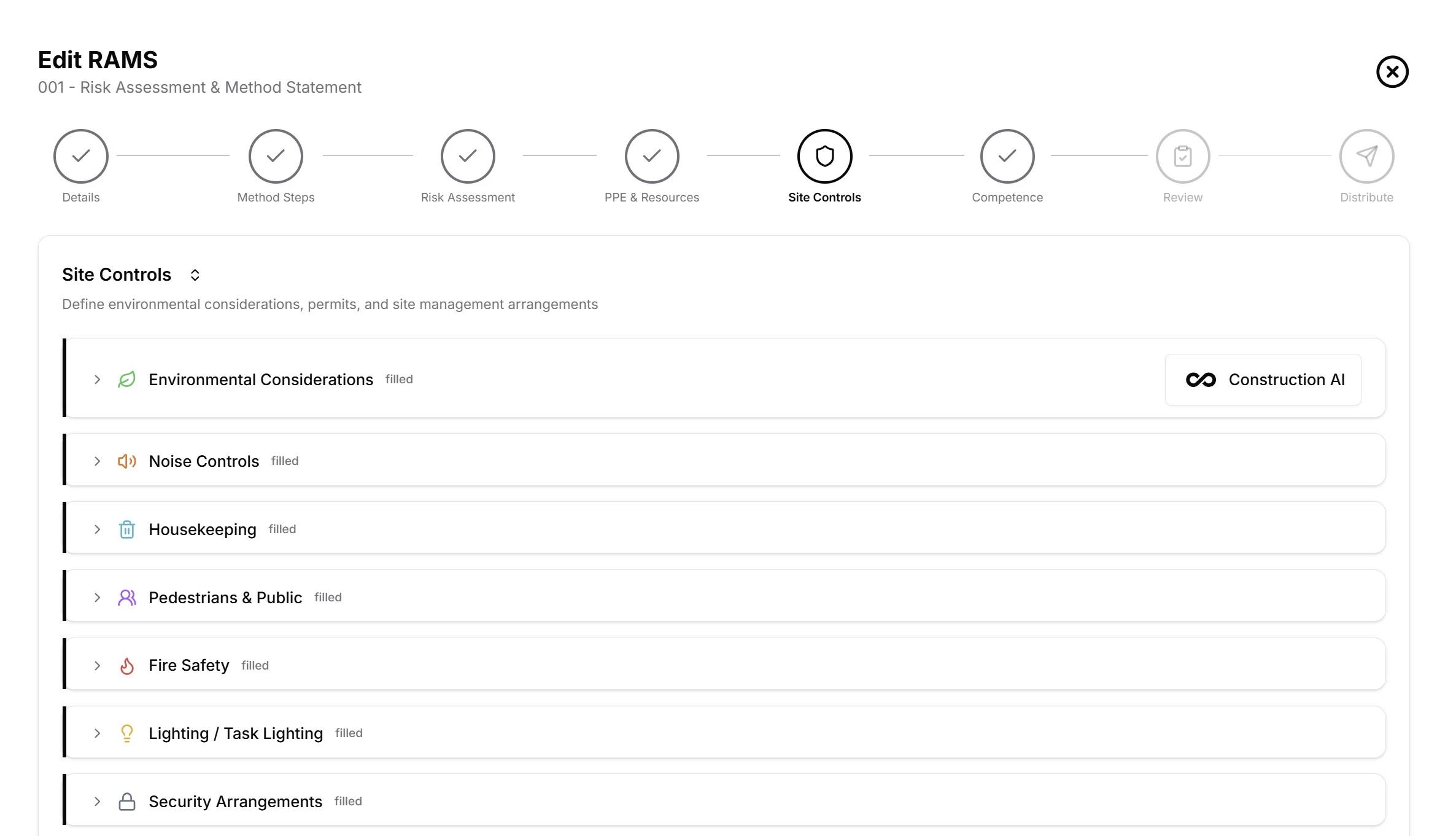 RAMS site controls step showing AI-generated environmental, fire safety, and security requirements