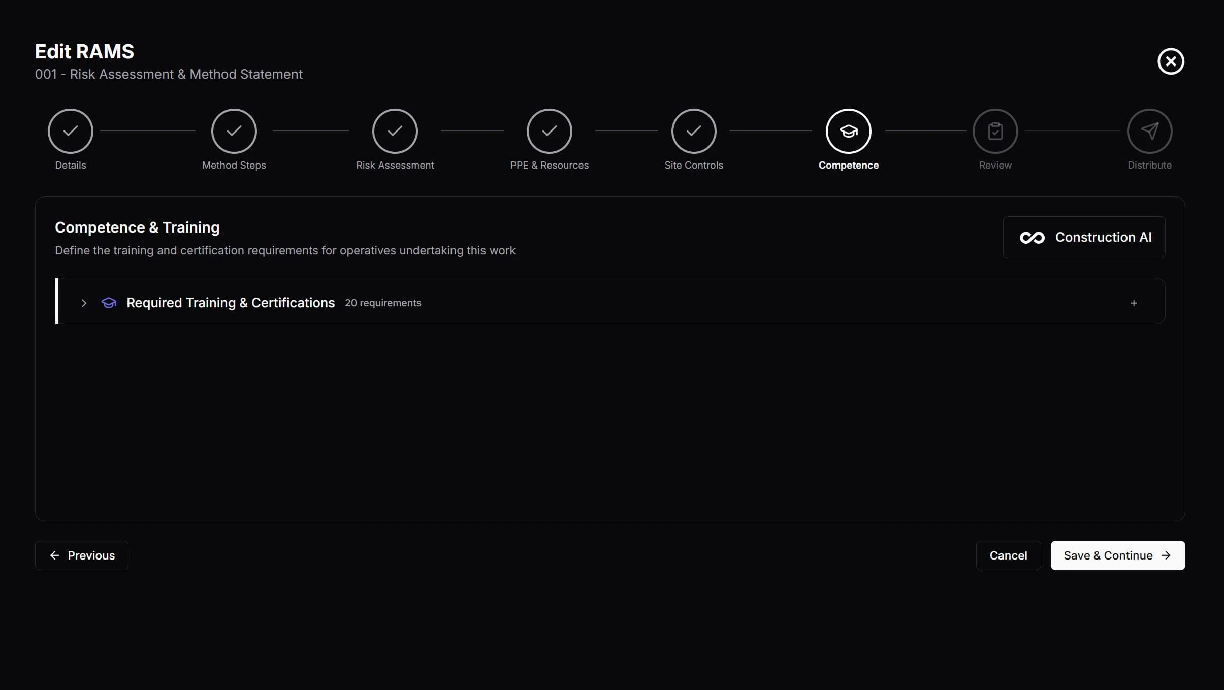 RAMS competence step showing AI-generated qualification and training requirements