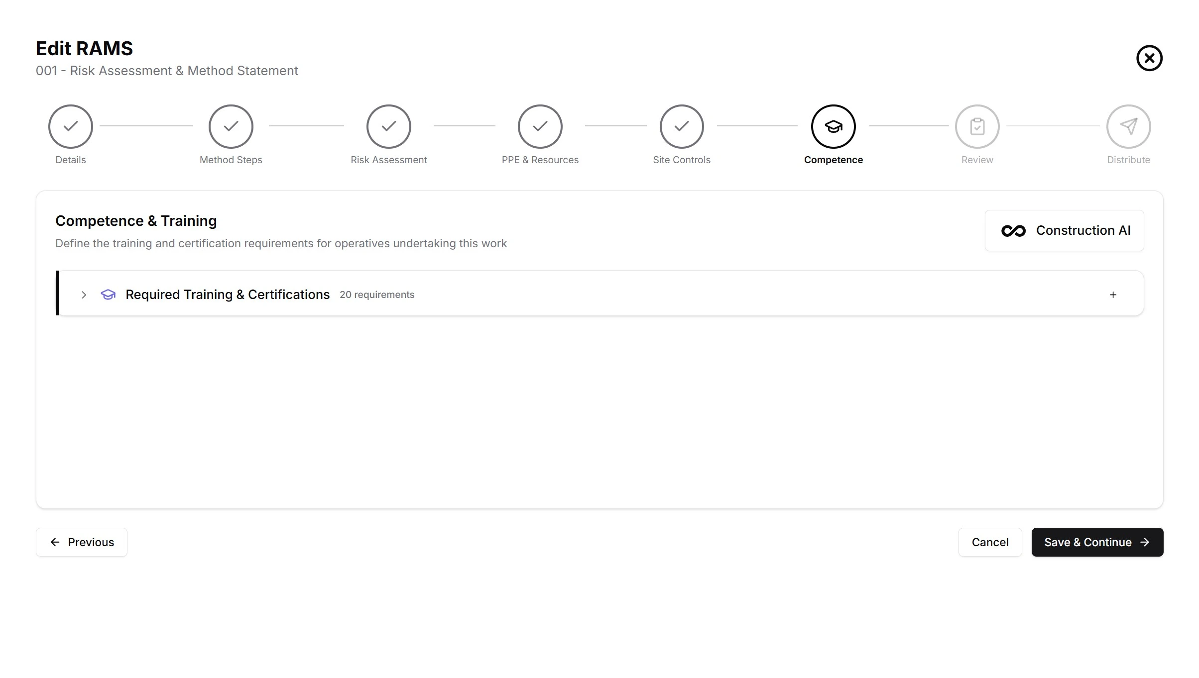 RAMS competence step showing AI-generated qualification and training requirements
