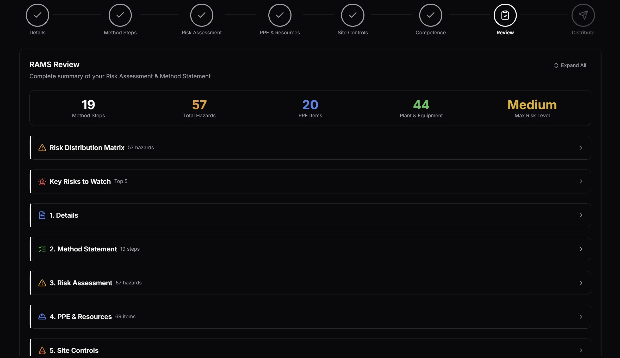 RAMS review step showing the complete compiled document ready for final review