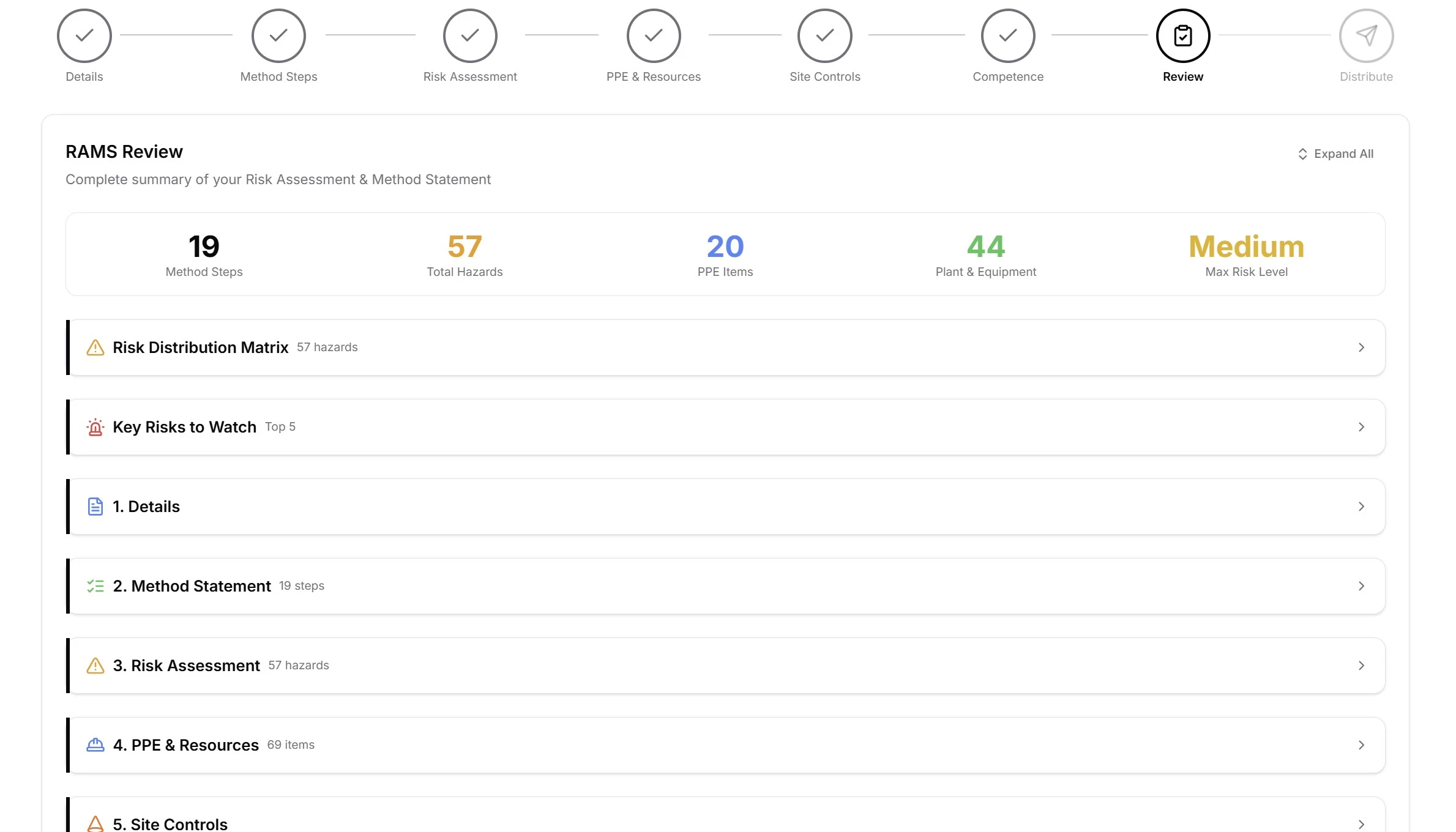 RAMS review step showing the complete compiled document ready for final review