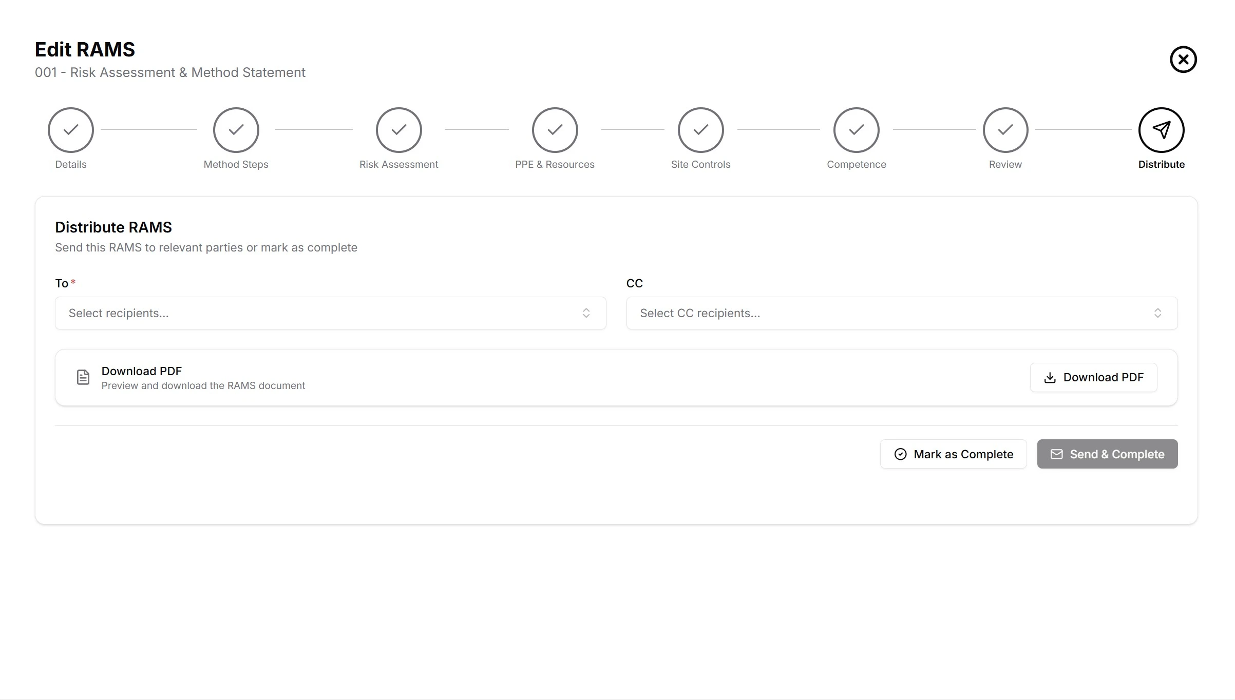 RAMS distribute step showing PDF download and sharing options