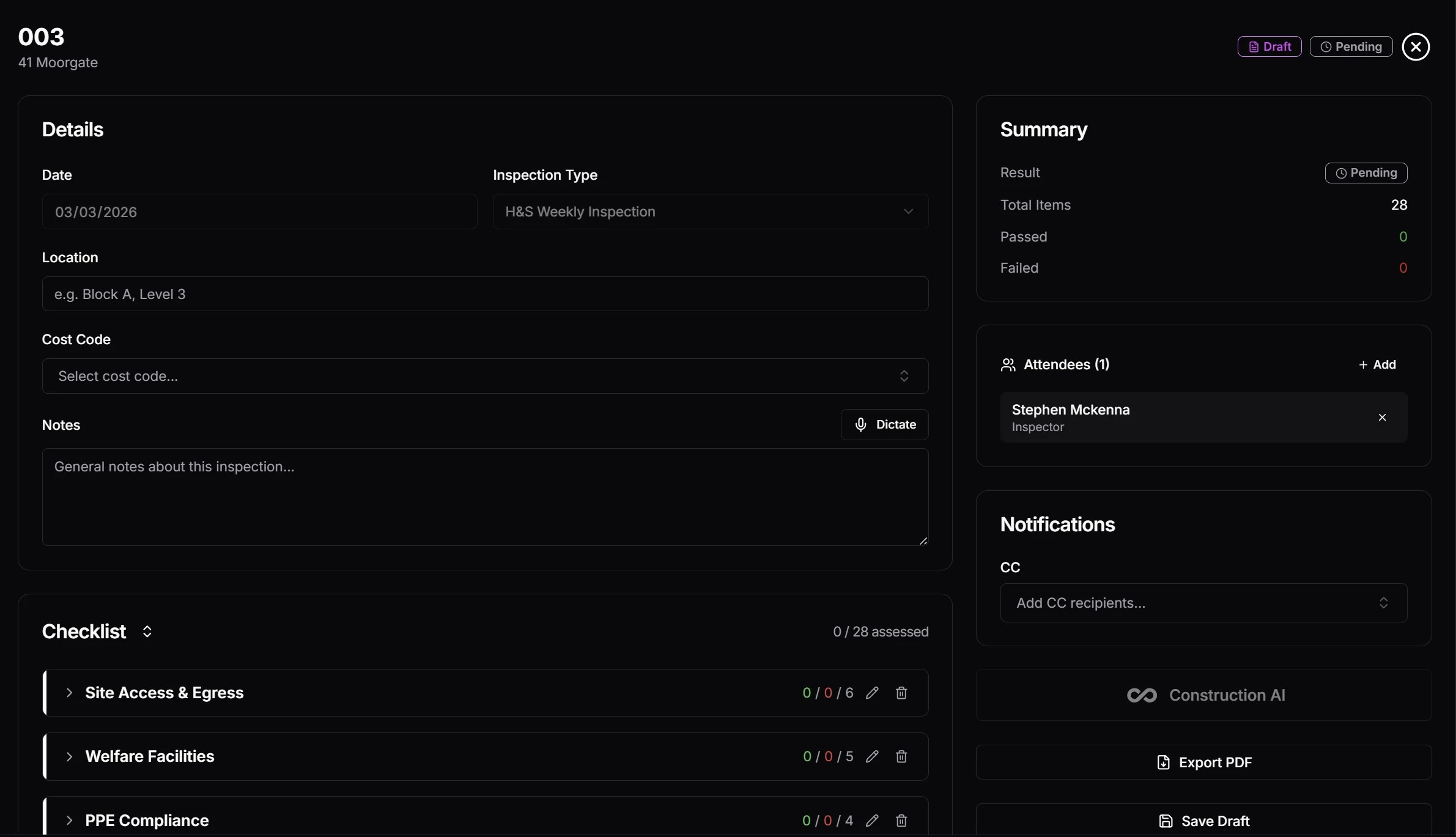 Site inspection form with predefined templates and AI-powered dictation for on-site recording
