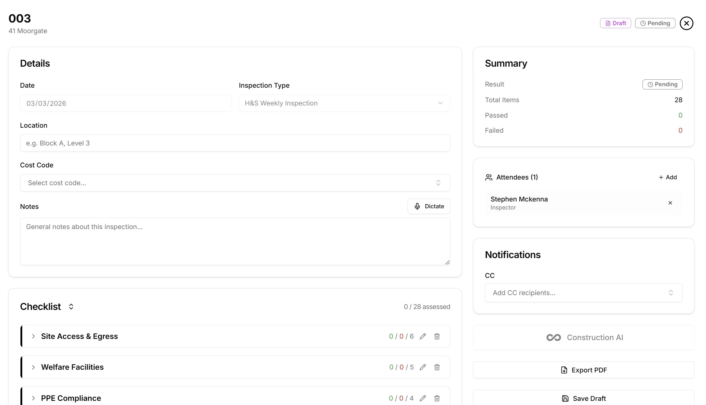 Site inspection form with predefined templates and AI-powered dictation for on-site recording